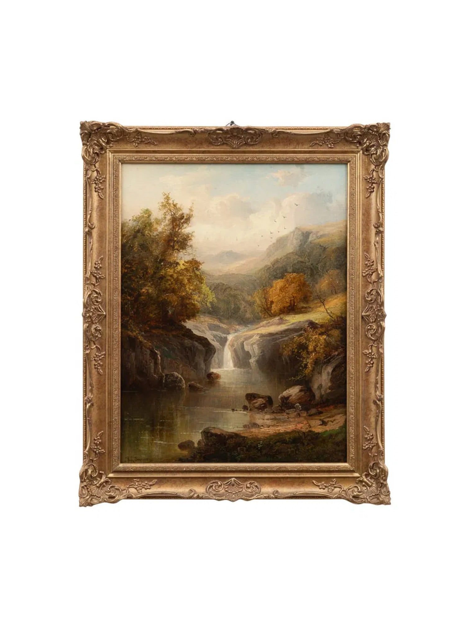 ANTIQUE 19TH C BRITISH OIL PAINTING BY TOM SEYMOUR: Tom Seymour, British, 1844 to 1904, a late 19th century oil painting on canvas Snowdonia, North Wales depicting a forest landscape with a mountain stream, signed, Tom Seymour, to the lower left. Bears