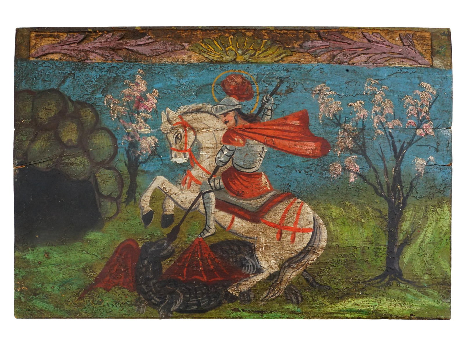 ANTIQUE EUROPEAN OIL SAINT GEORGE VICTORIOUS PAINTING: An antique European School oil on panel painting. The religious motif painting depicts Saint George the Victorious, riding on a white horse, strikes a dragon with a spear. Circa the late 19th to early