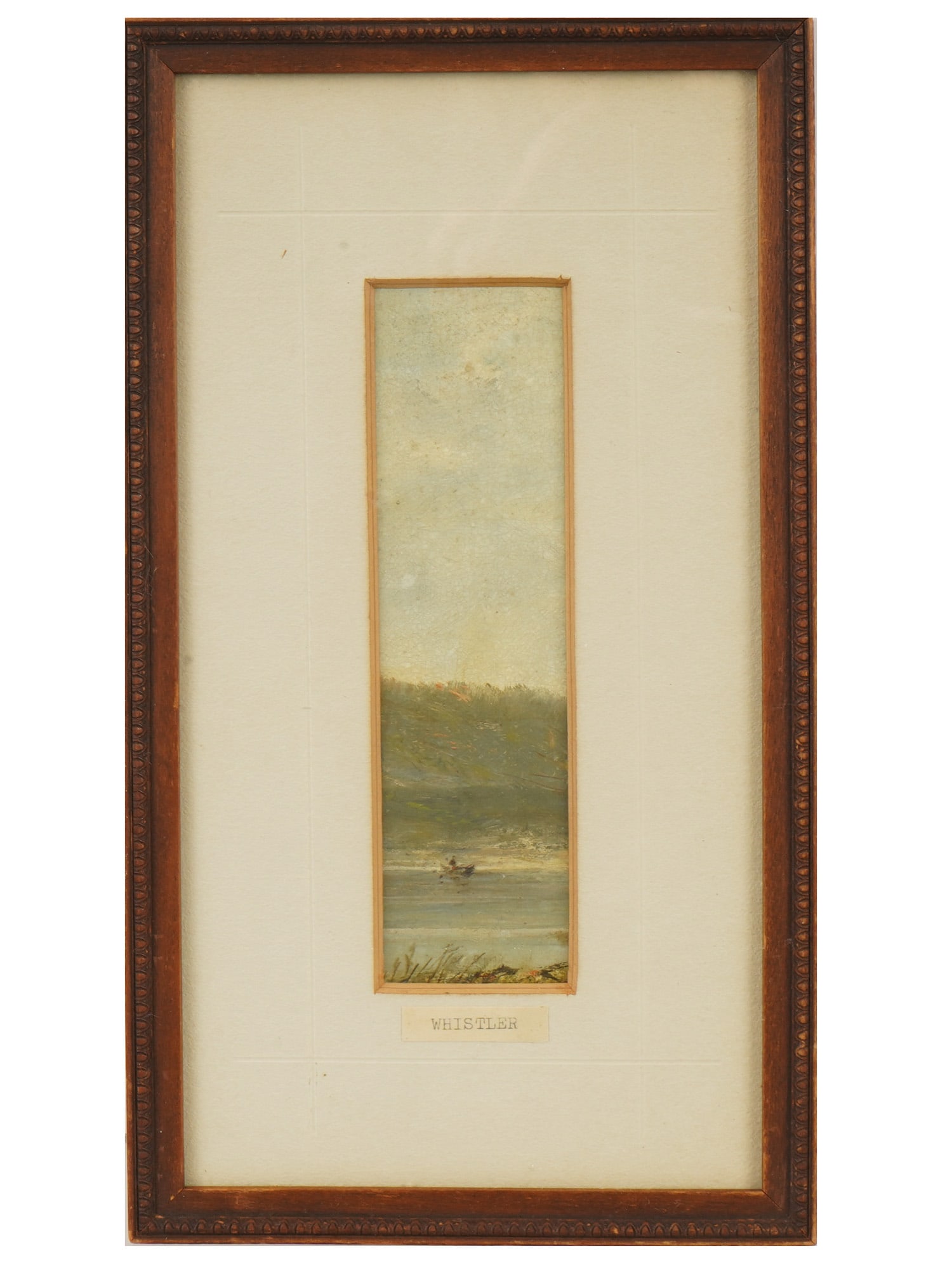 JAMES WHISTLER AMERICAN LANDSCAPE OIL PAINTING: James Abbot McNeill Whistler, American, 1834 to 1903, an oil on board painting Fishing by the River. Matted and framed. Paper nameplate below. A paper note with information about the artist and artwor