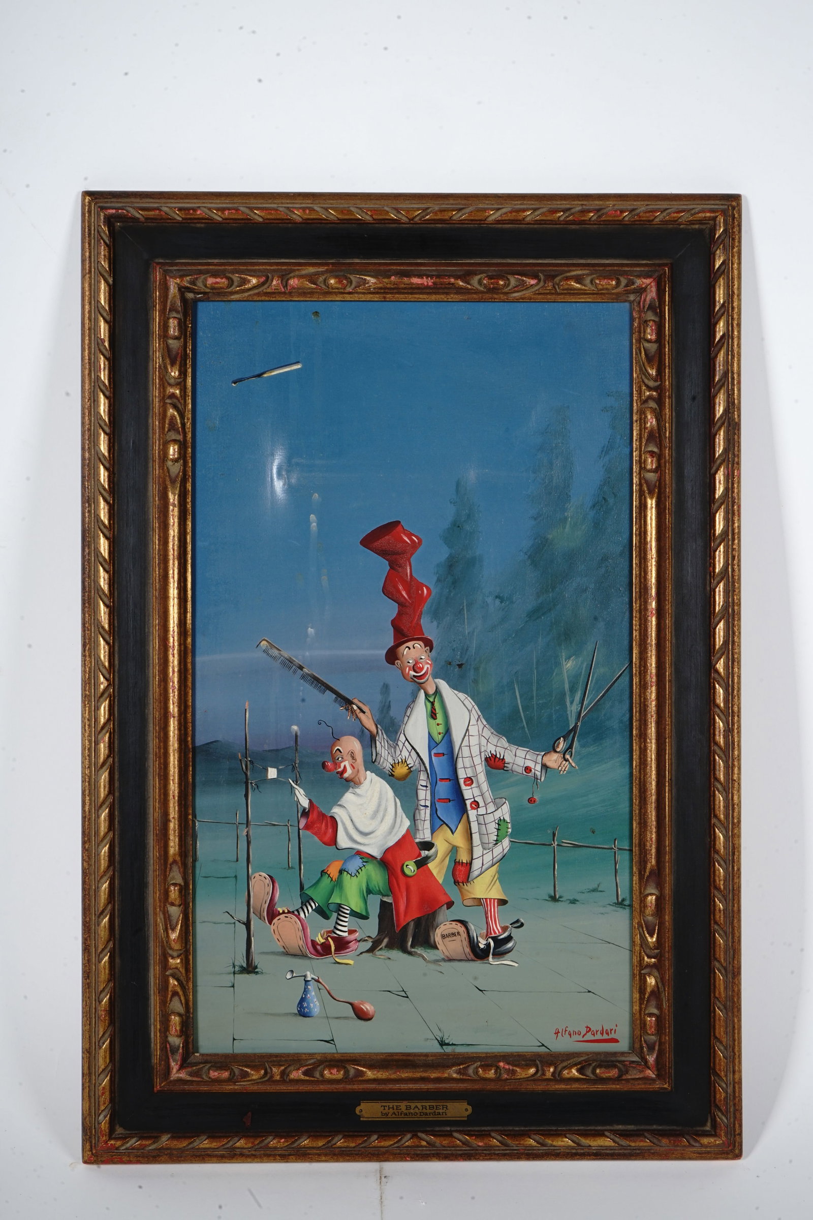 SUR REAL CLOWNS OIL PAINTING BY ALFANO DARDARI: Alfano Dardari, Italian, 1924 to 1988, oil painting on canvas, The Barber, depicting a caricature scene with clowns. Signed lower right. Titled lower to the center. Framed. A gold tone plate showing t