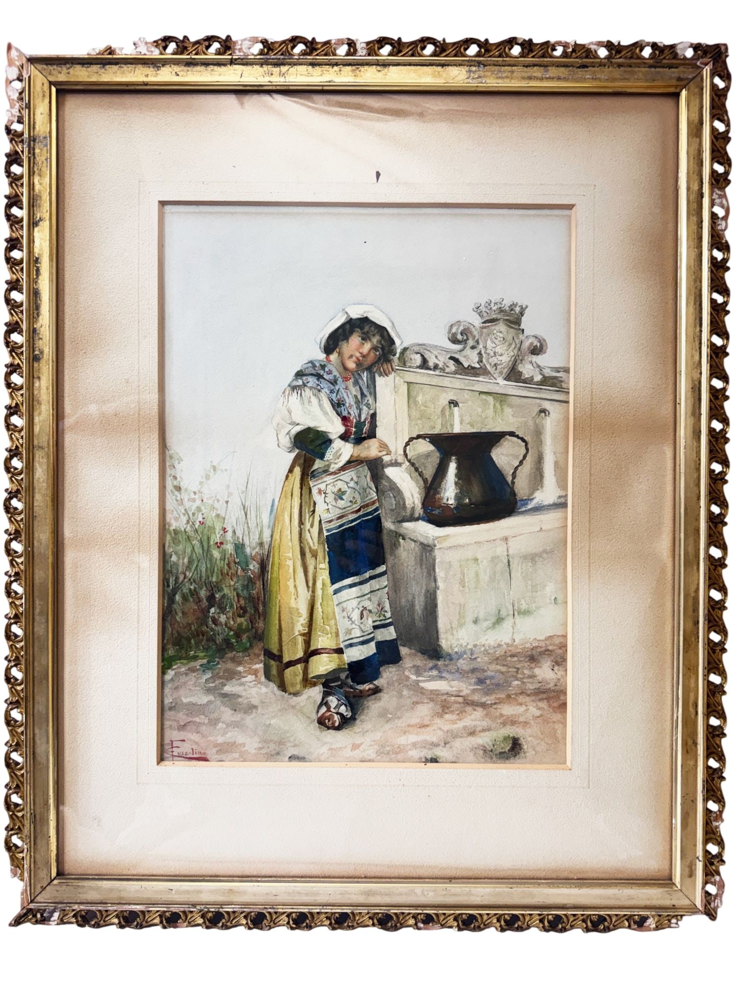 F. COZZOLINO 19TH C. ITALIAN WATERCOLOR PAINTING: A finely executed, original 19th-century watercolor by Italian artist F. Cozzolino. The painting depicts a highly detailed, romanticized genre scene of a young peasant woman in traditional dress resti