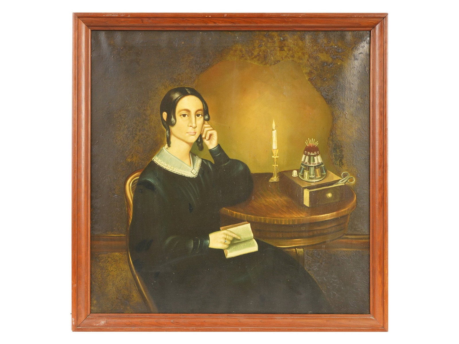 AMERICAN SCHOOL FEMALE PORTRAIT OIL PAINTING FRAMED: An American School oil painting on canvas depicting a portrait of a seated woman in a dark dress with a white collar, holding an open book by candlelight. The composition features a still life on the 