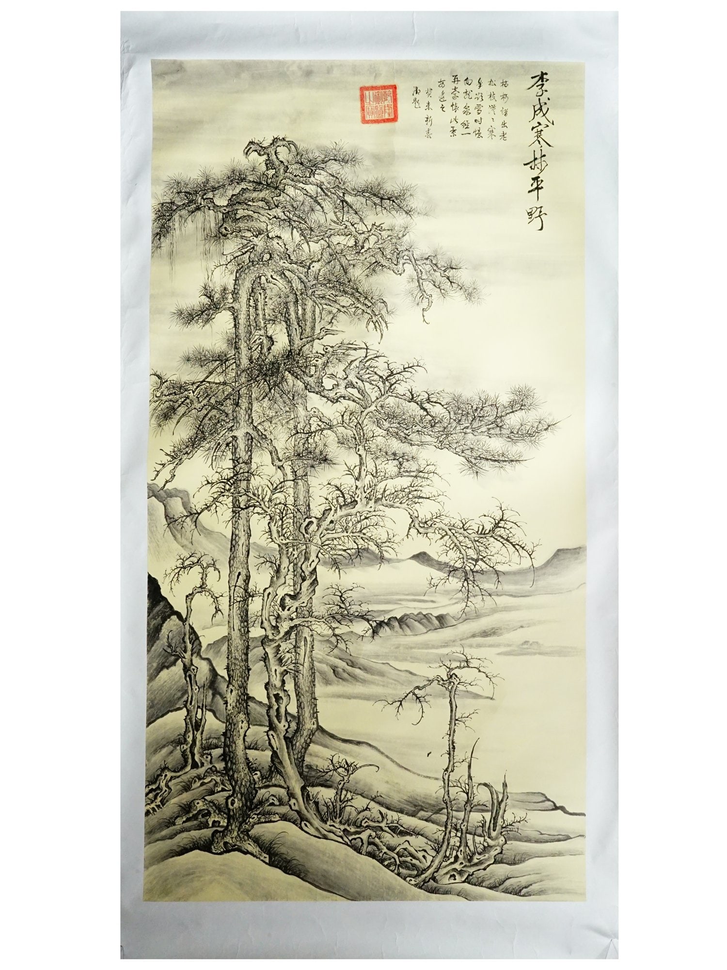 AFTER LI CHENG CHINESE LANDSCAPE INK PAINTING: After Li Cheng, Chinese, 919 to 967, watercolor and ink painting on paper. After the artwork titled Wintry Forest, Level Distance. Li Cheng was a Chinese painter of the Song dynasty, one of the three 