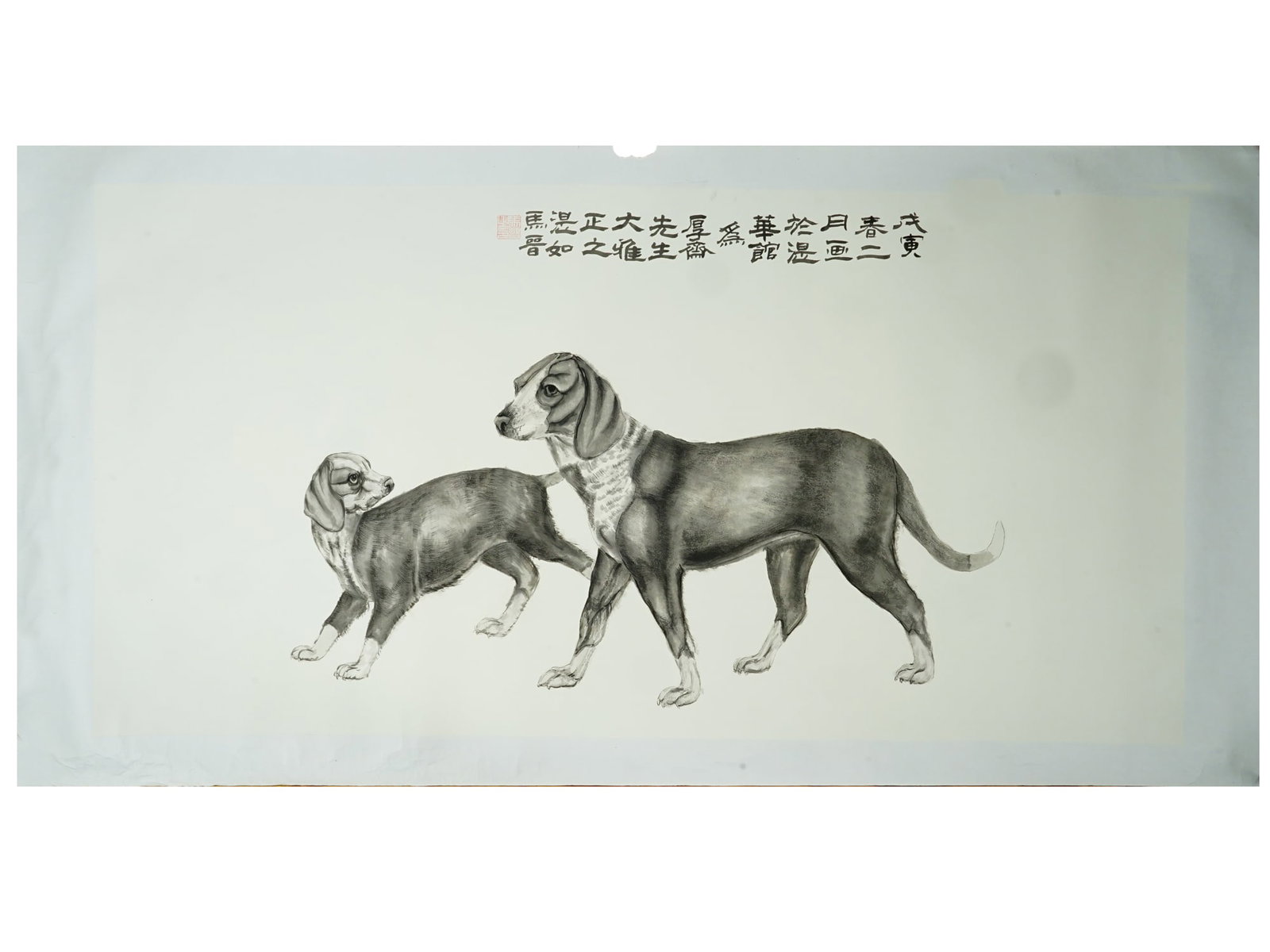 MA JIN MANNER CHINESE INK AND WATERCOLOR PAINTING: A Chinese ink and watercolor painting on paper depicting a portrait of two hound dogs in the manner of Ma Jin, 1900 to 1970, a prominent 20th century Chinese painter celebrated for his meticulous gong