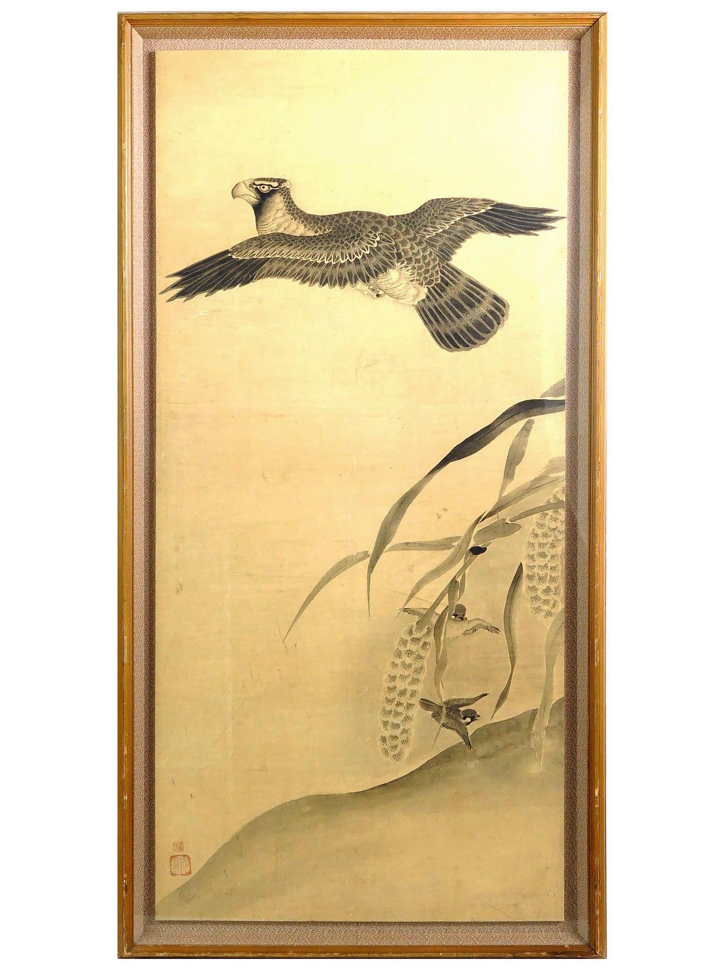 CHINESE MIXED MEDIA WATERCOLOR PAINTING EAGLE: A mid century Chinese mixed media watercolor painting on paper depicting a soaring eagle over a landscape. Stamped lower left. Framed. Chinese Paintings And Art Collectibles. THIS LOT IS ELIGIB
