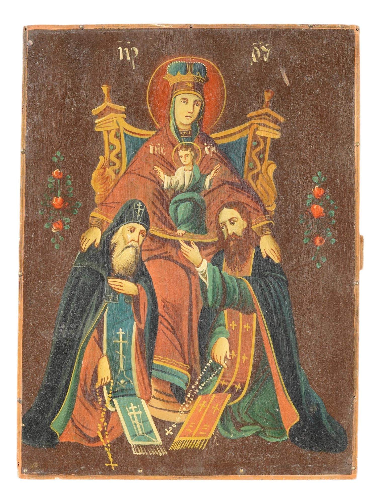 19TH CEN RUSSIAN PECHERSKAYA MOTHER OF GOD ICON: An antique, 19th century, Russian Svenskaya or Pecherskaya Icon of the Mother of God, venerated in Orthodoxy. The mixed media icon with egg tempera, gesso, and levkas on a wood board. Inscribed in Chu