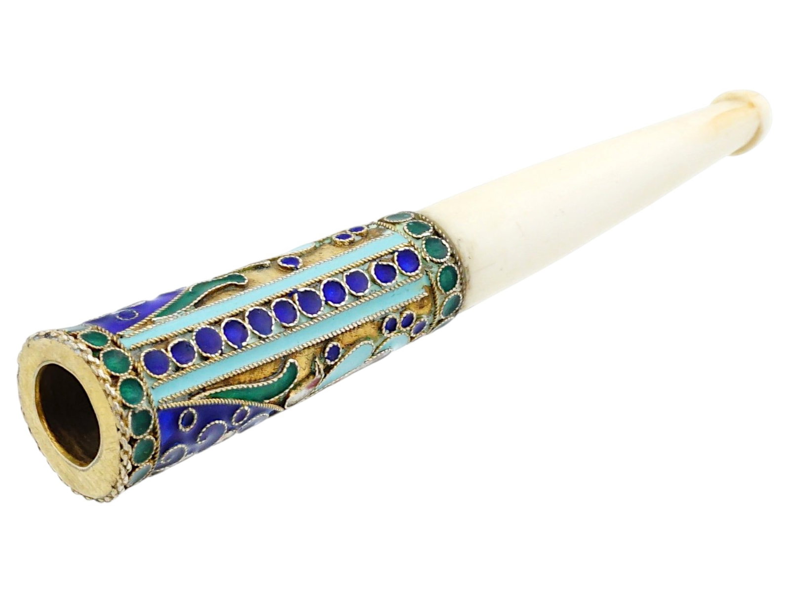 RUSSIAN CLOISONNE ENAMEL CIGARETTE HOLDER: A Russian cloisonne enamel cigarette holder. Crafted with a gilt sleeve and a tapered natural material stem. Adorned with intricate cloisonne enamel floral motifs and scrolling designs in vivid