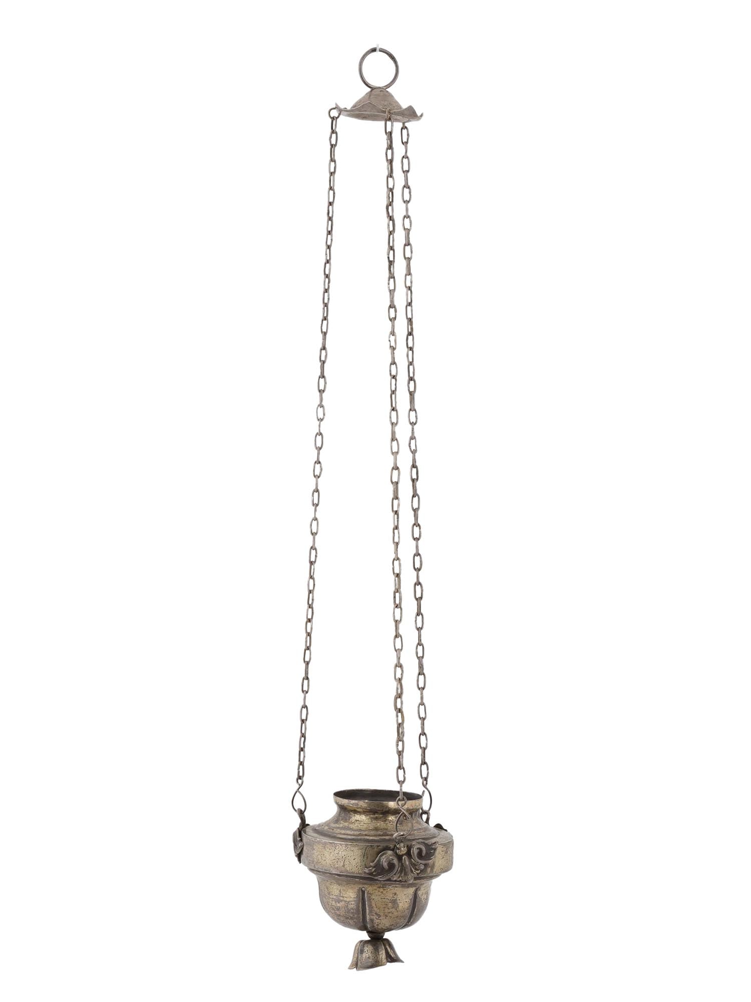 ANTIQUE 19TH C RUSSIAN SILVER ICON CENSER KADILO: A Russian silver icon kadilo or censer hanging from a ring on three long chains. Acanthus leaf decor. Hallmark of 84 silver standard and makers marks are on the neck. Total Weight: 160.8 grams.