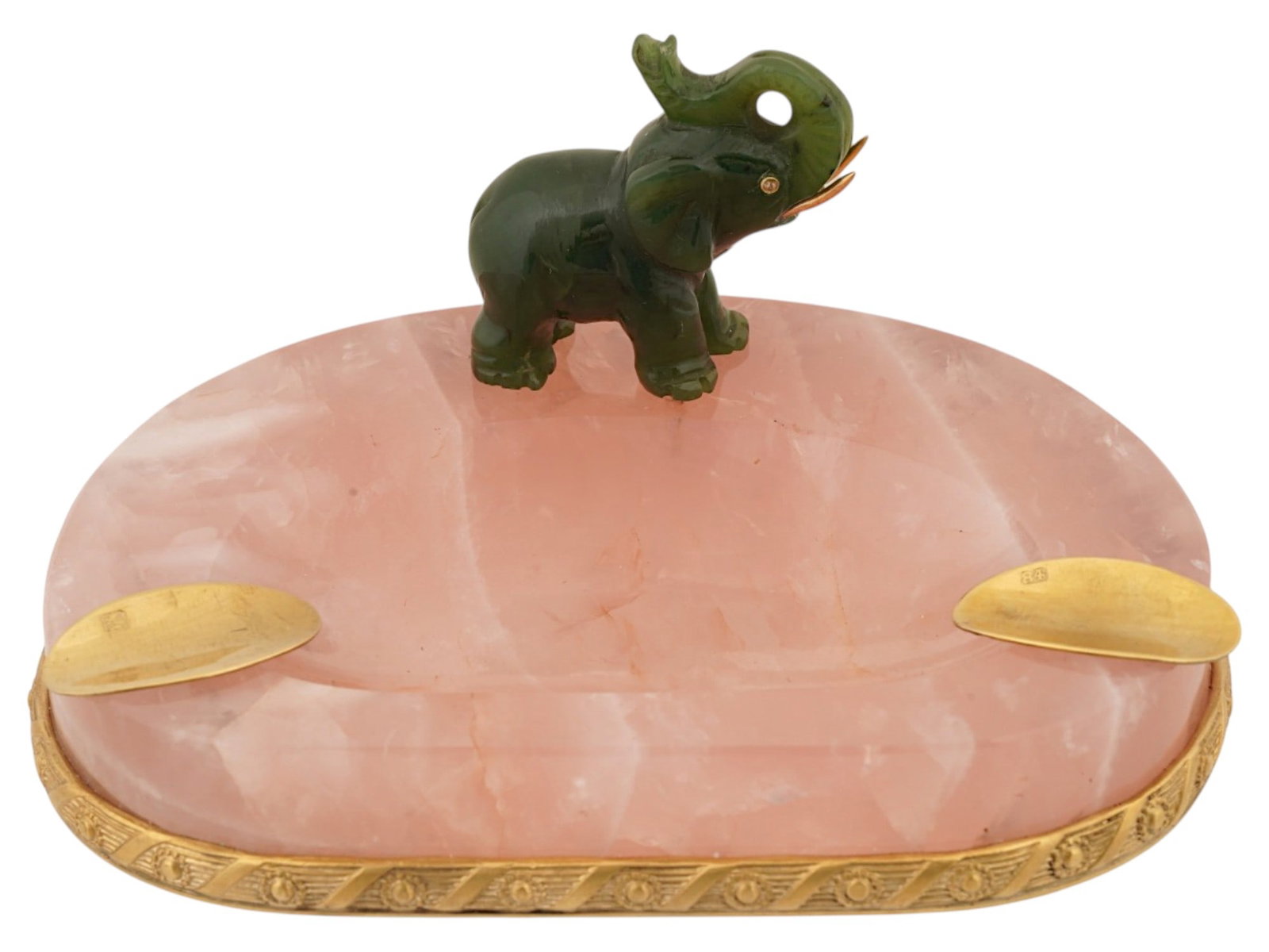 RUSSIAN SILVER PINK QUARTZ ASHTRAY W JADE ELEPHANT (1 of 10)