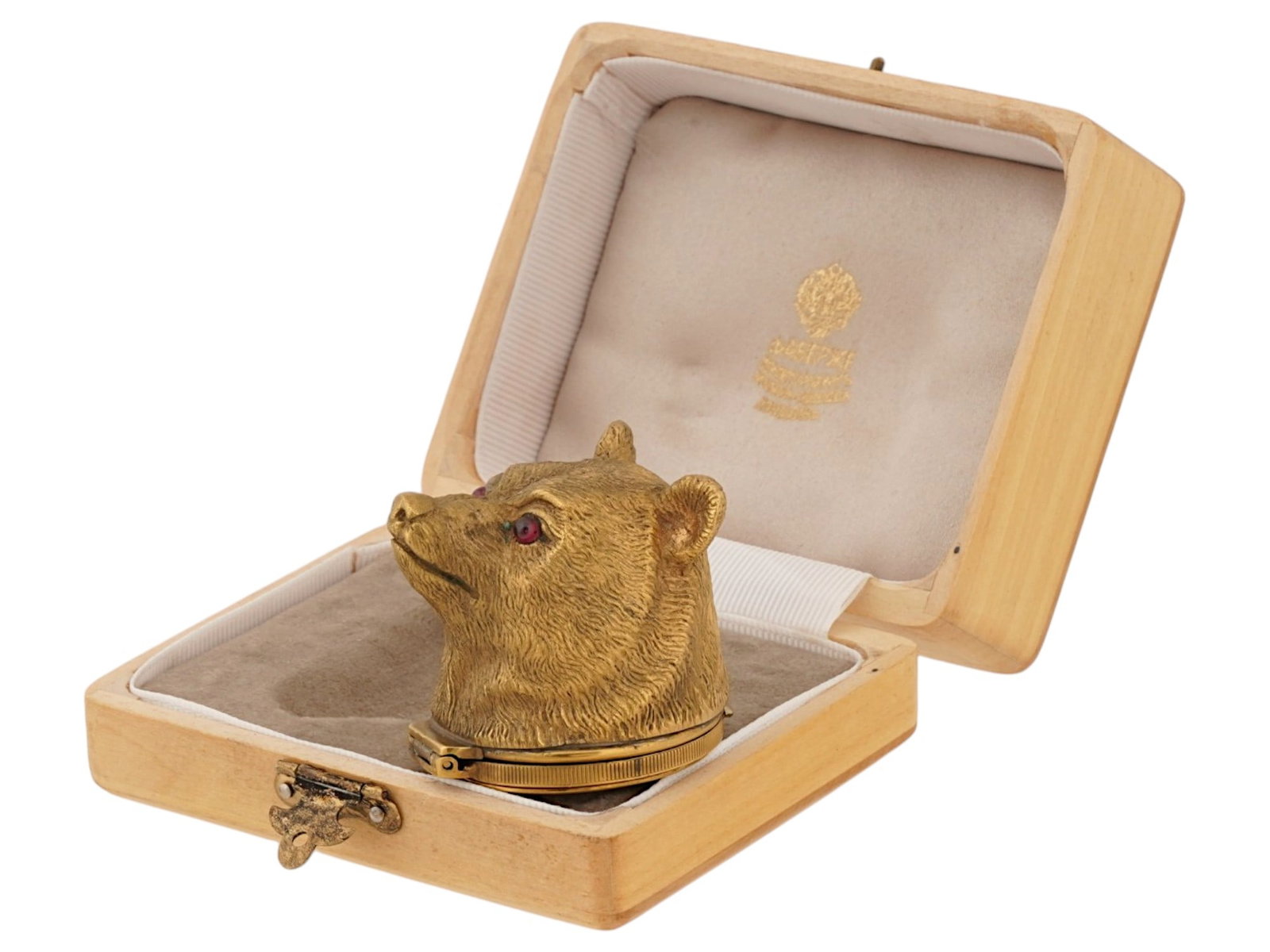 RUSSIAN GILT SILVER WITH DIAMONDS BEAR PILL BOX: A Russian gilt silver pill box is naturalistically cast in the form of a bears head, featuring finely chased fur detailing and inset with two cabochon red stones as eyes. The hinged lid opens to revea