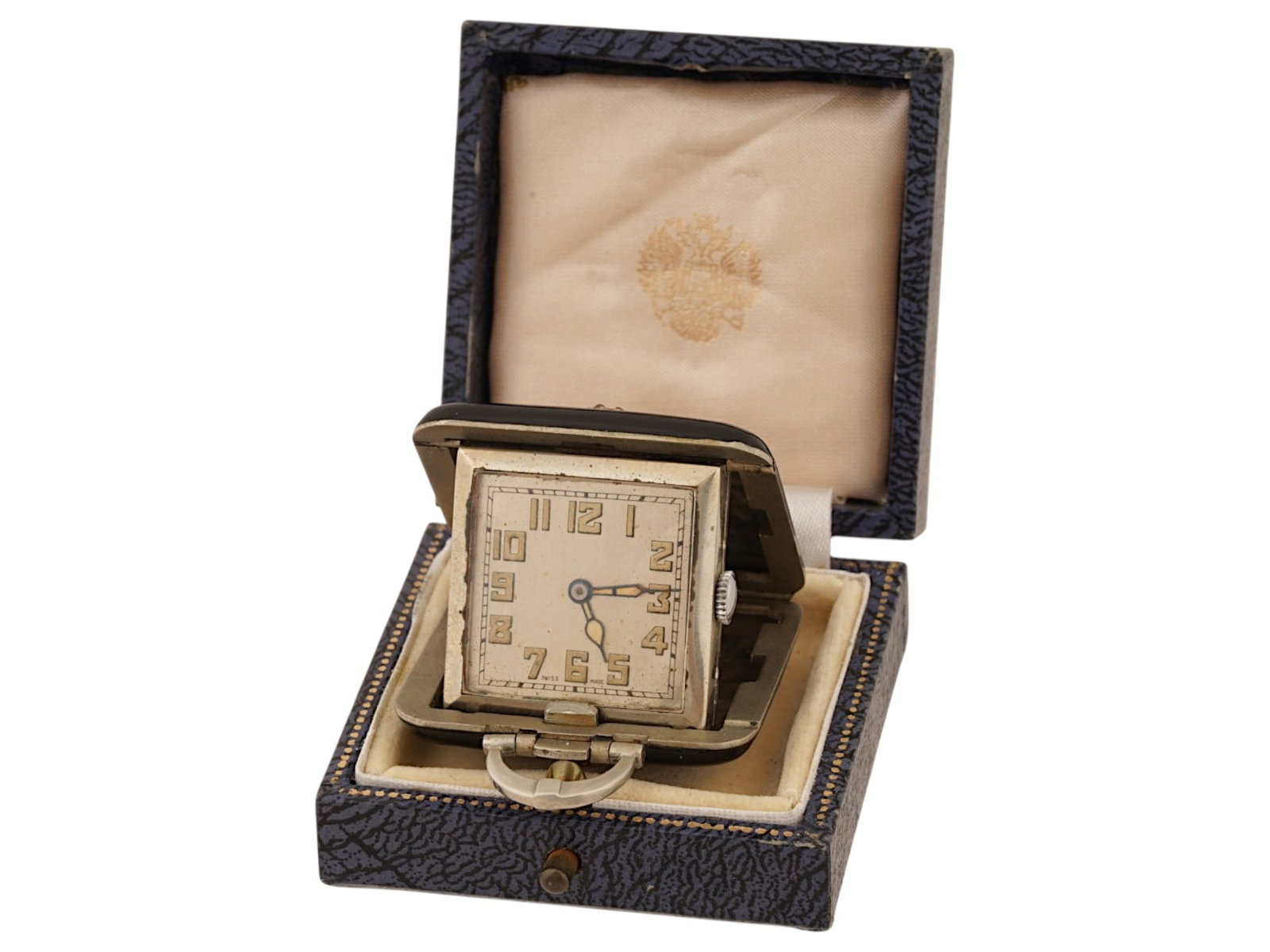 RUSSIAN ART DECO SILVER ENAMEL DIAMOND POCKET WATCH: A Russian silver enamel pocket watch in the Art Deco taste. The black enamel case exterior is centered with a jeweled Imperial double-headed eagle accented with rose-cut diamonds, while the reverse be