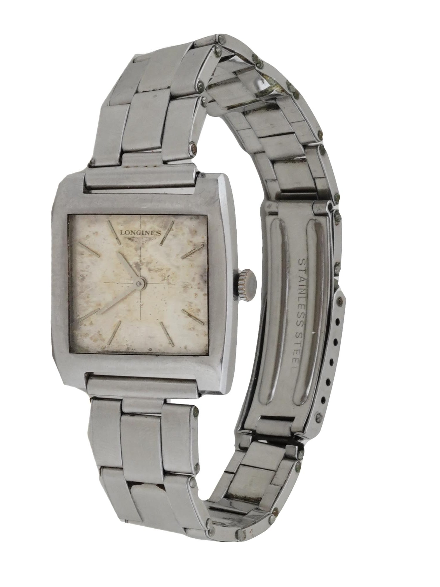 MID CENTURY SWISS ART DECO WRISTWATCH BY LONGINES: A mid century Art Deco wristwatch by Longines, a Swiss luxury clockmaker. Circa 1950s to 1960s. The square white enamel dial without numerals marked Longines. The link bracelet is made of stainless
