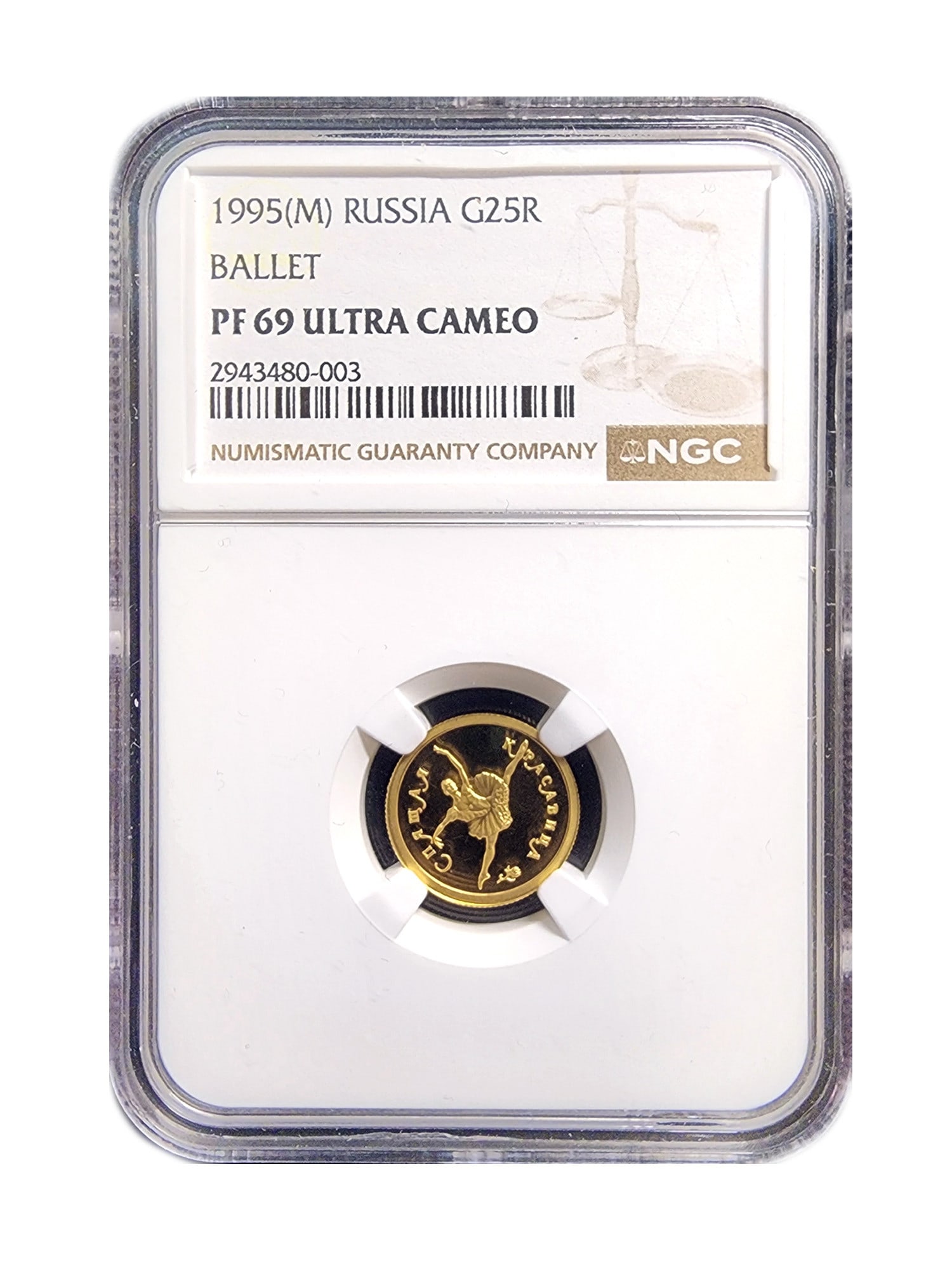 RUSSIA 25 ROUBLES 1995 GOLD BALLET NGC PF69: Gold 25 Roubles 1995 - The ballet "The Sleeping Beauty". Weight: 3.20 g, diameter: 16mm, thickness: 1.10mm, composition: gold (.999). Rare mintage: 5000. THIS LOT QUALIFIES FOR A 30-DAY UNCONDI