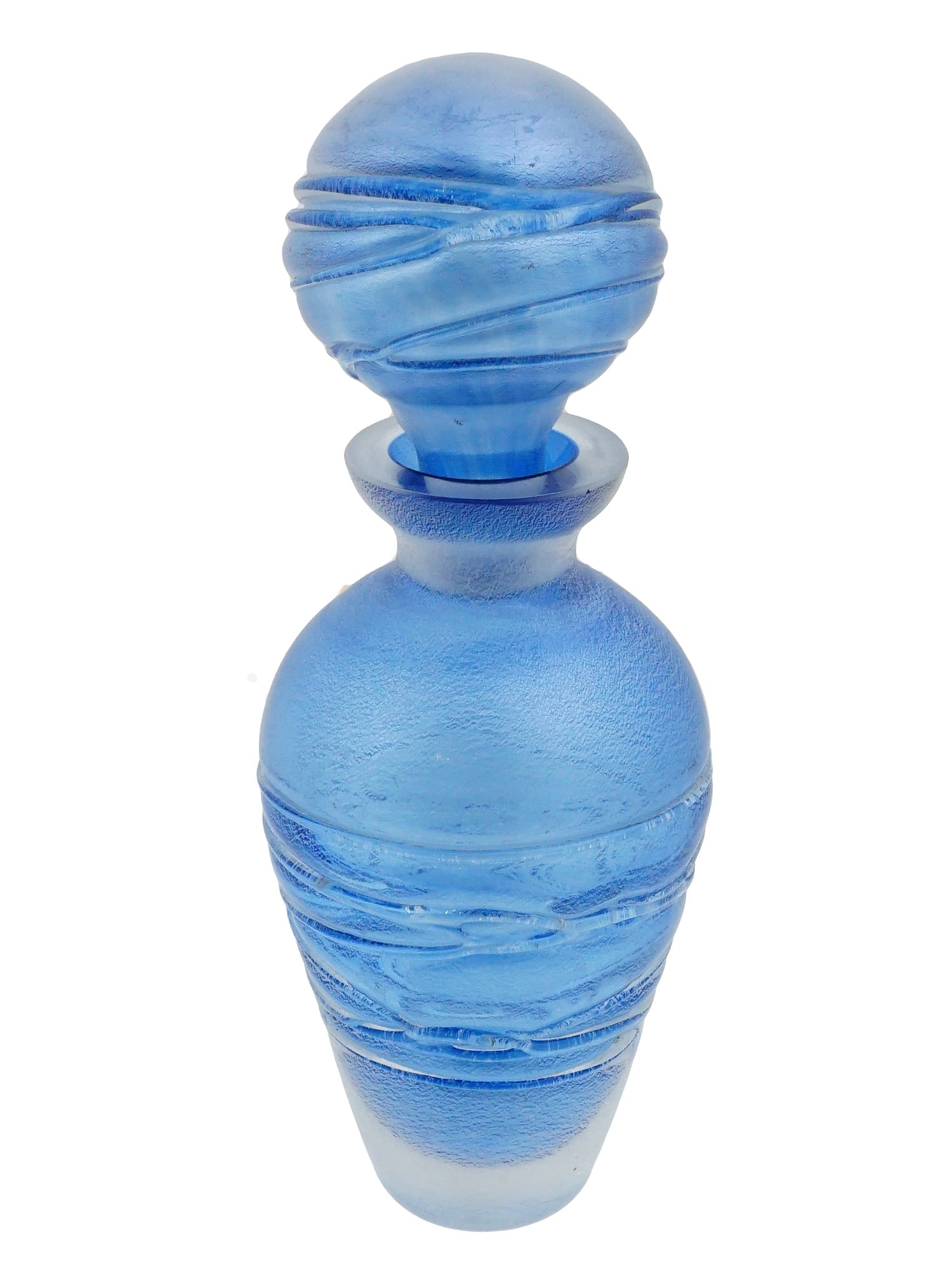 VINTAGE BLUE ART GLASS PERFUME BOTTLE: A vintage semi-transparent blue frosted glass perfume bottle with a globe stopper. Relief wave-like motifs. Unmarked. Collectible Art Glassware, Prefume Bottles, Vanity Items, Decor. THIS LOT I