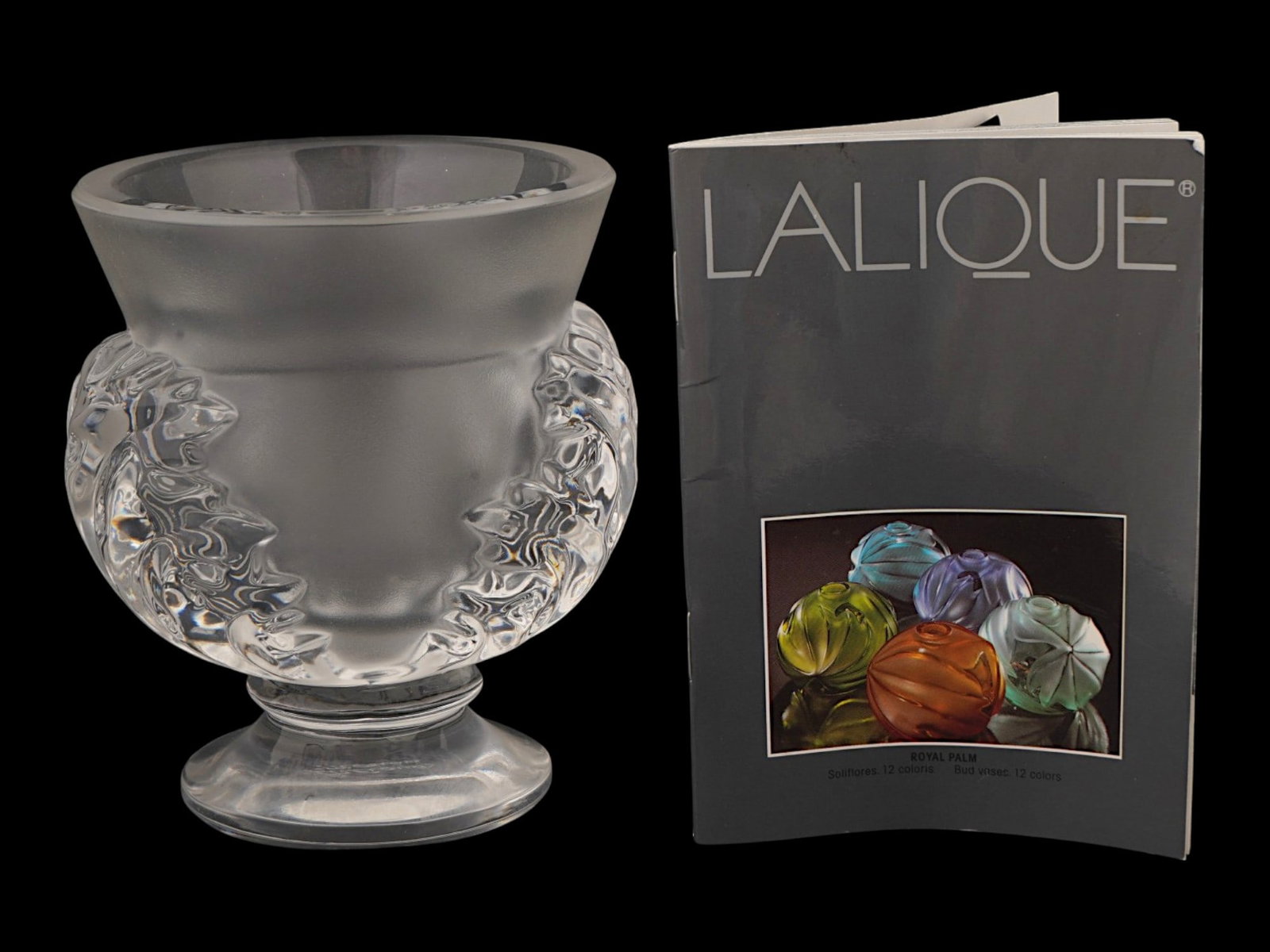 VINTAGE FRENCH LALIQUE CRYSTAL SAINT CLOUD FLOWER VASE: A vintage French frosted and clear crystal Saint Cloud flower vase by Marc Lalique for Lalique, originally designed in 1952. The footed urn-form vase features a softly satin-frosted body contrasted by