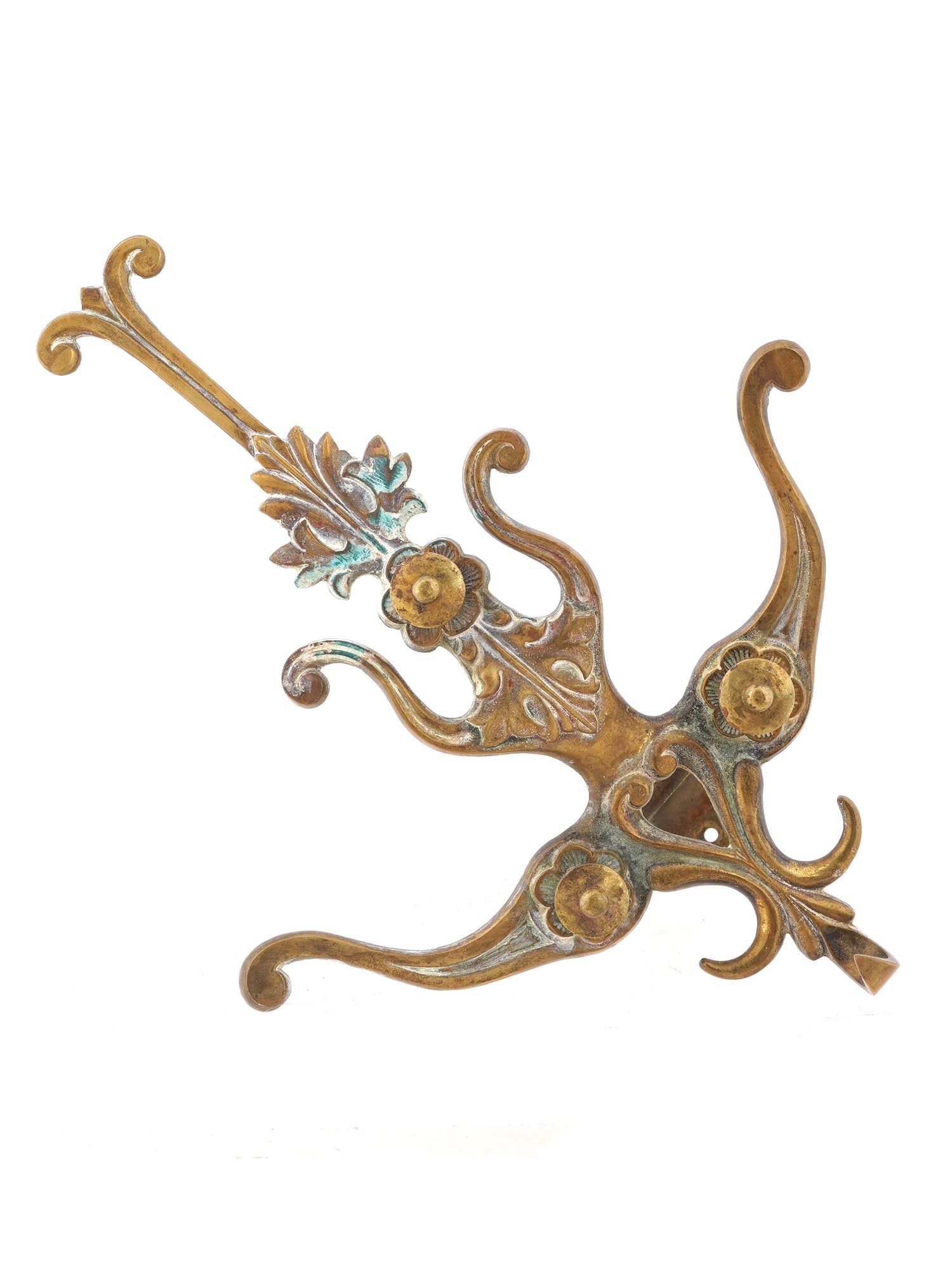 ANTIQUE 19TH C EUROPEAN GILT BRONZE COAT HANGER: An antique, 19th century European gilt bronze coat hanger. The hanger has an intricately curved shape and is decorated with relief images of flowers and leaves, including on the back. Antique and Vint