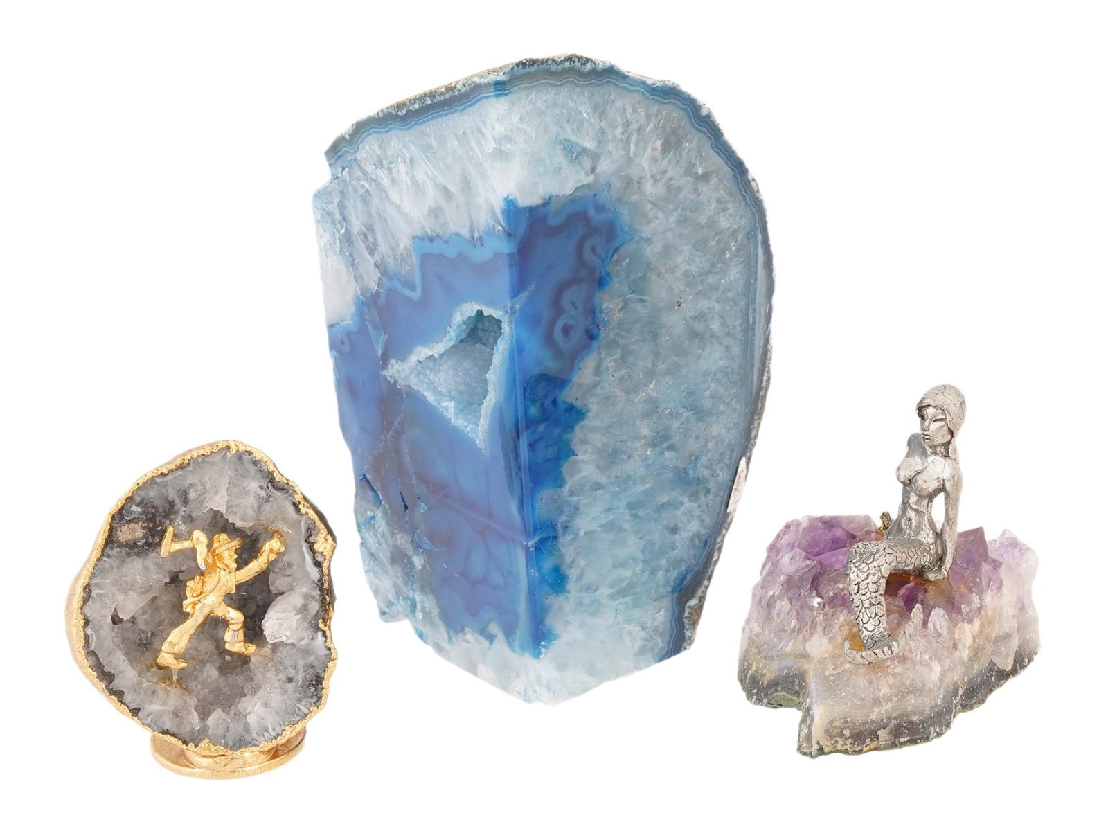 LOT OF GOLD PLATED PEWTER FIGURE GEODES STONES: A lot of three hand carved Natural mineral specimen geode stones. The clusters are a natural formation of an amethyst stone and others with multiple crystal points radiating from a common base. The lo