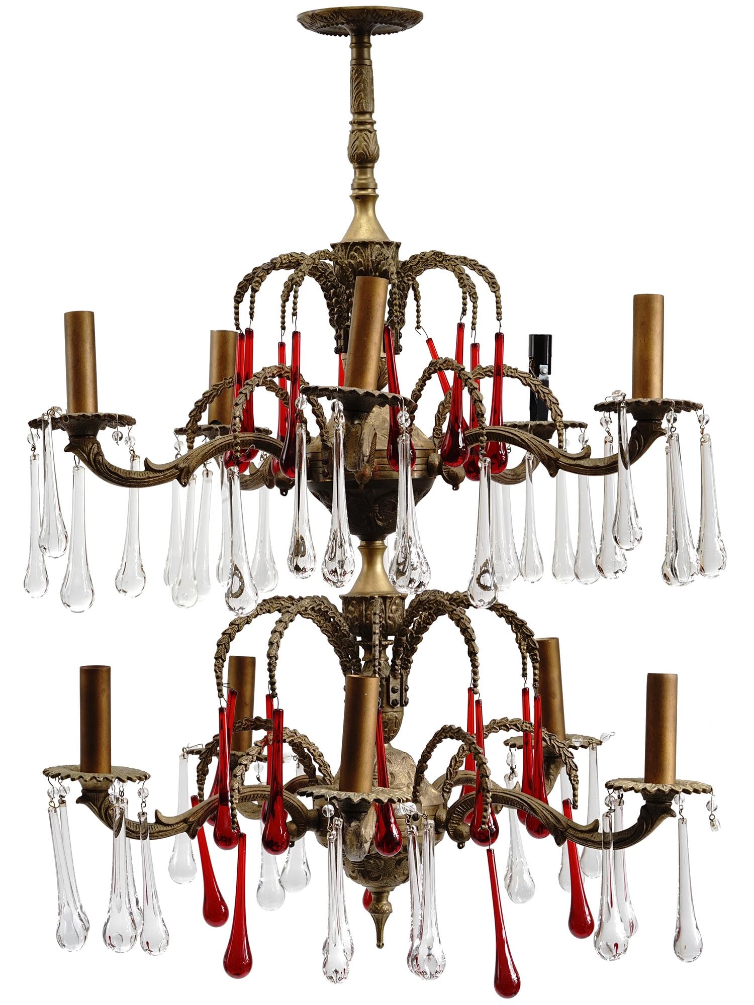 ANTIQUE 19 C FRENCH GILT BRONZE AND CRYSTAL CHANDELIER: An antique late 19th-century French gilt bronze two-tier chandelier. There are five candlesticks per tier, each can be replaced with modern electrical fittings. A clear glass drop pendant is attached 