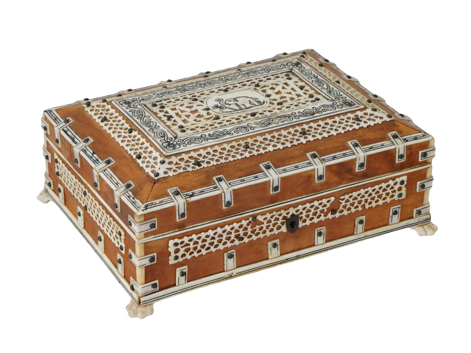 ANTIQUE HAND CARVED WOOD AND BONE KEEPSAKE BOX: An antique beautifully handcrafted, keepsake box made of wood and bone, featuring intricate cut out detailing and delicate work. The box has a rectangular shape with ornate decorative elements, includ
