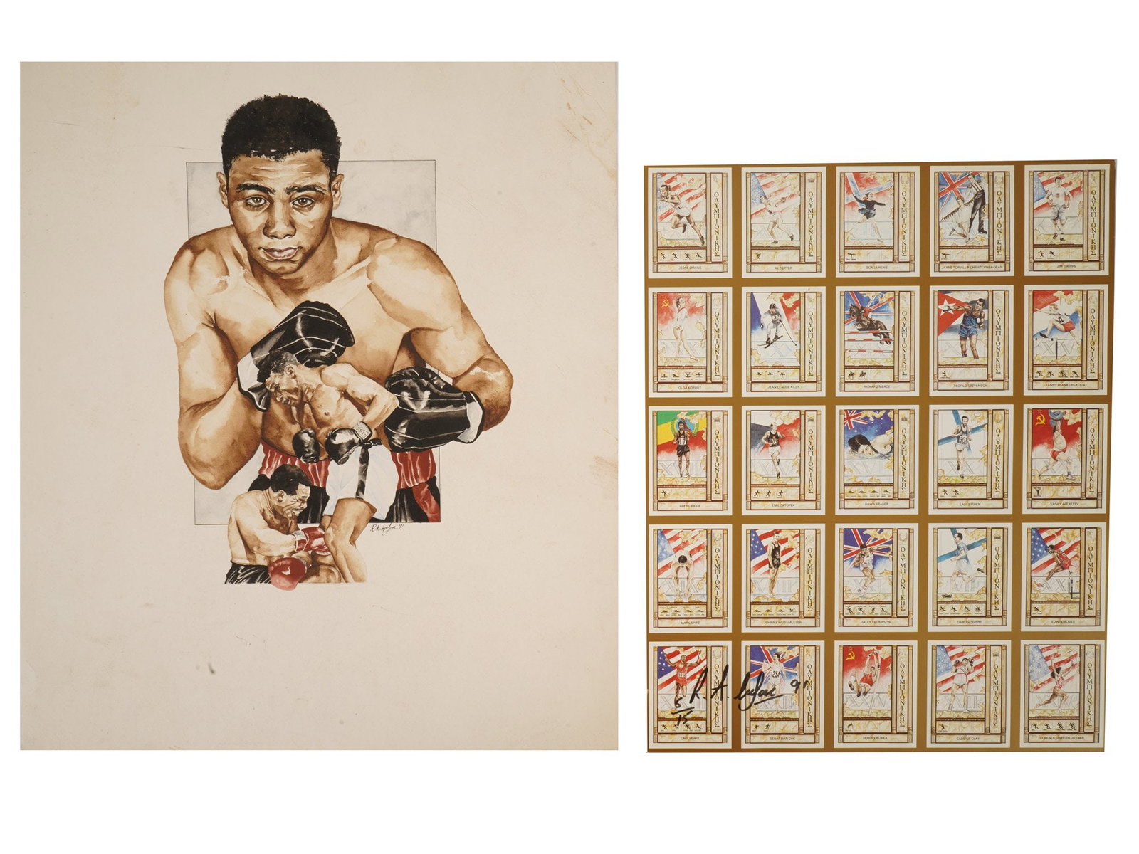 US SPORTS PORTRAIT PAINTING TRADING CARDS BY ROB LARSON: Rob Larson, a Contemporary American artist, a lot of watercolor painting on paper depicting a portrait of Floyd Patterson, 1935 to 2006, an American professional boxer who competed from 1952 to 1972, 