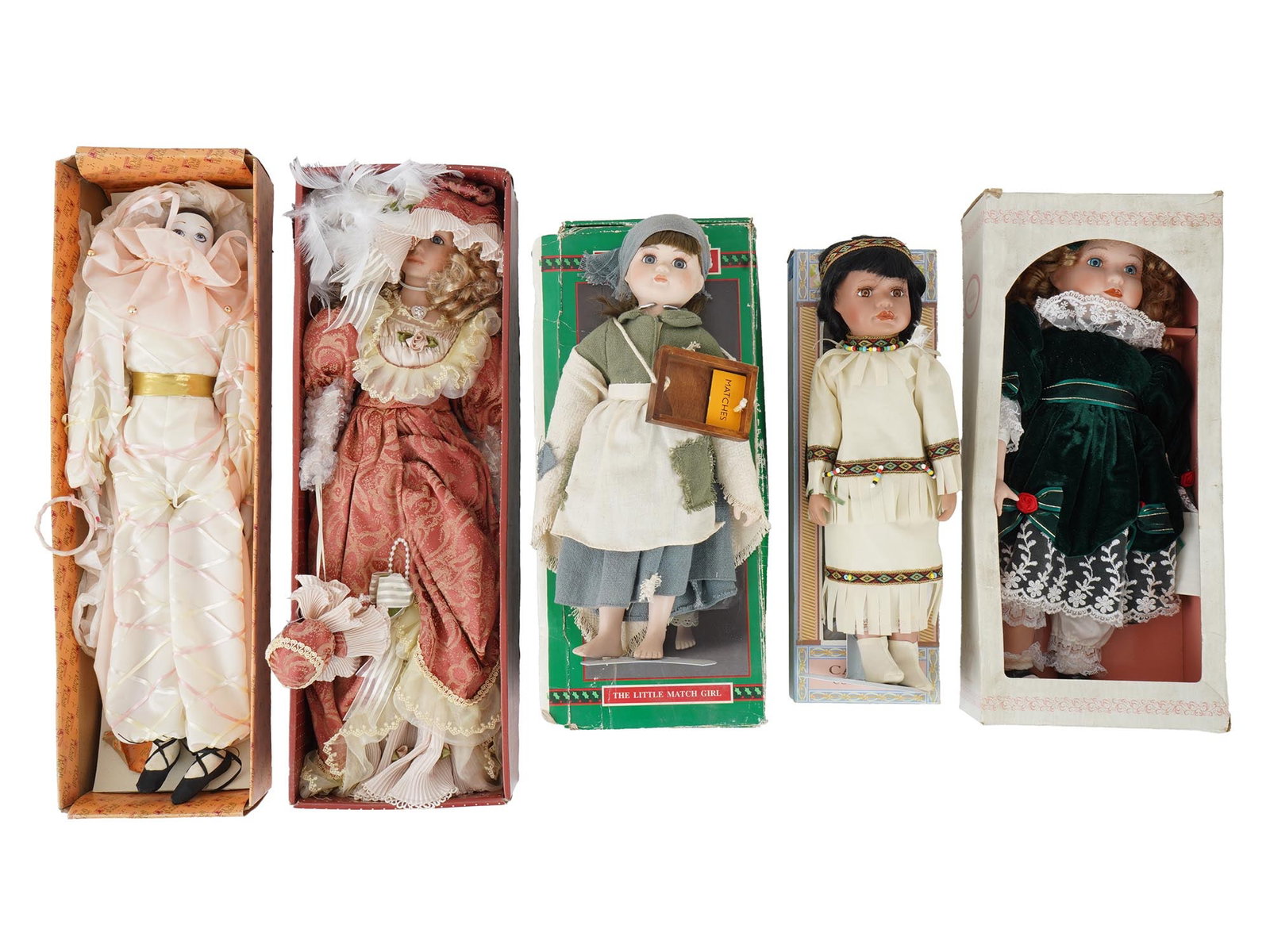 COLLECTION OF VINTAGE PORCELAIN DOLLS: This Collection of Vintage Porcelain Dolls offers a charming assortment of beautifully crafted pieces, perfect for collectors or those who appreciate fine doll artistry. The lot includes a Chatelaine 