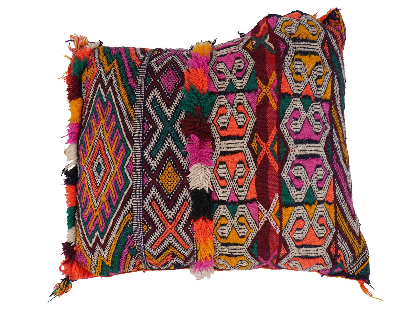 VINTAGE MOROCCAN MULTICOLORED WOOL PILLOW: A vintage Moroccan wool pillow is a vibrant, handcrafted piece featuring bold geometric patterns in a rich color palette of pink, orange, green, and yellow. Made from warm, dense wool, it is adorned w