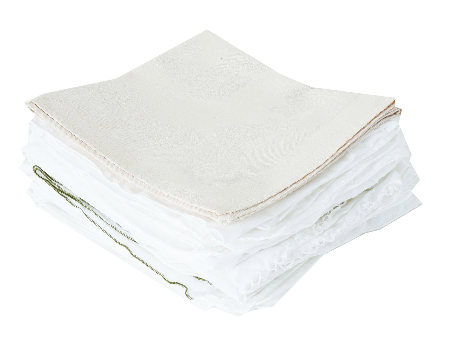 ANTIQUE ASSORTED MONOGRAMED NAPKINS AND HANKIES: A collection of antique features an assortment of vintage napkins and hankies, beautifully monogrammed with elegant initials and intricate floral embroidery, reflecting the timeless craftsmanship of a