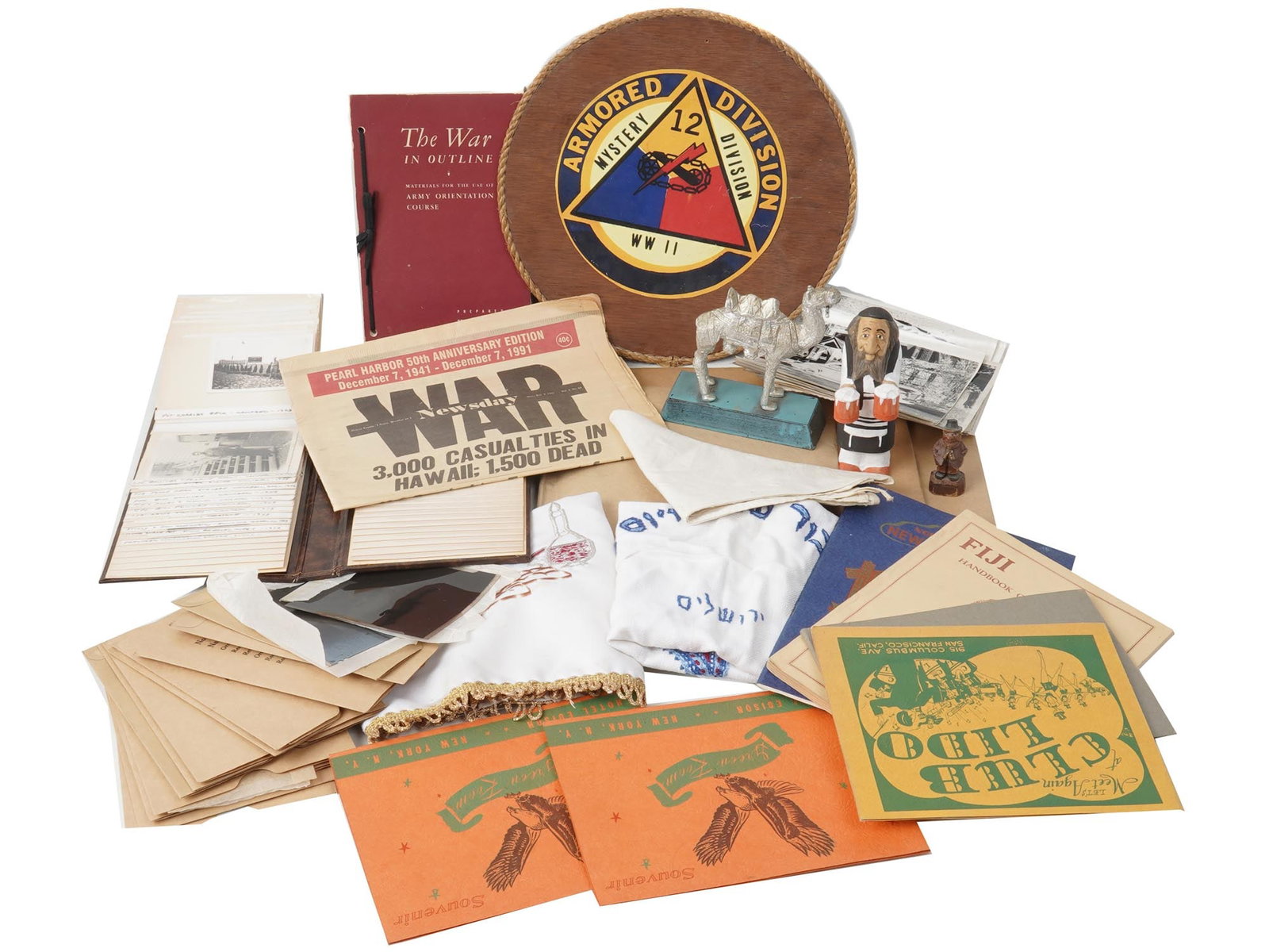 VARIOUS STELLINGER AND KURANDA FAMILY ITEMS: Various Stellinger and Kuranda family items. A vintage 12 Armored Division WWII lapel mounted on a circled wooden panel, several figurines, a set of books including The War in Outline; New Zealand. Wo