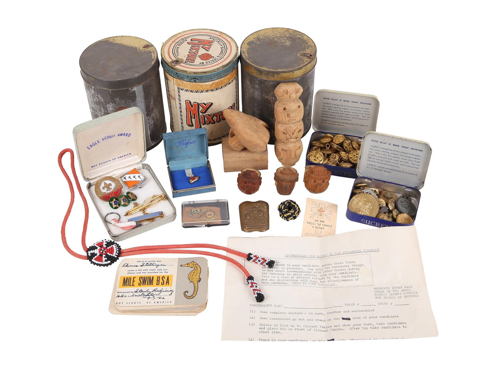 COLLECTION OF BOY SCOUTS ITEMS AND MEMORABILITY: A huge collection of Scout Association badges and collectibles of the Boy Scouts of America including buttons, activity and award badges, God & Country 50 years of service Boy Scout BSA neckerchief sl