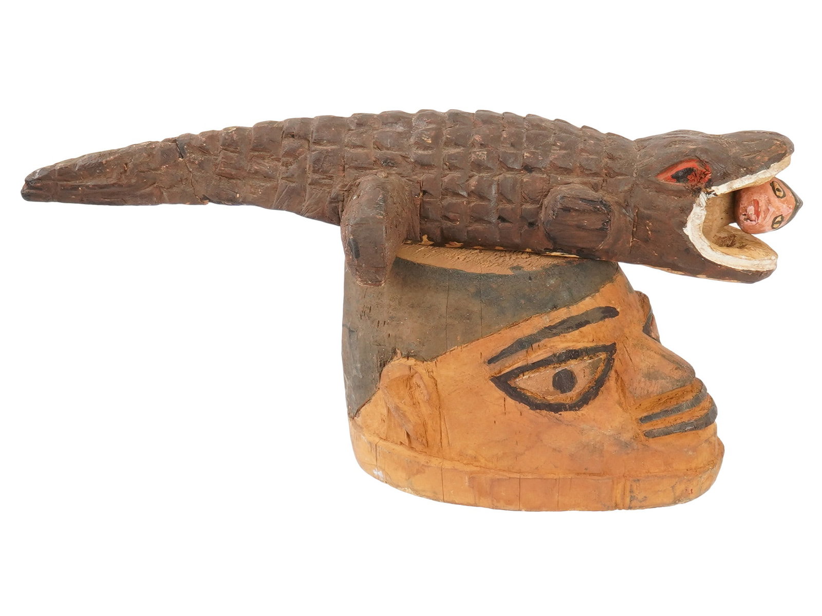 AFRICAN YORUBA WOODEN HELMET MASK ALLIGATOR WITH FIGURE (1 of 9)