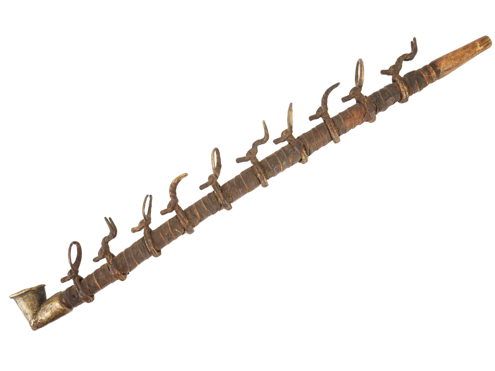 AFRICAN WOOD METAL SMOKING PIPE WITH ANTELOPES: An African smoking pipe with cast metal bowl features a long wooden stem meticulously wrapped in textured fiber cord and ornamented with a raw of cast bronze figurines depicting stylized antelopes. Th