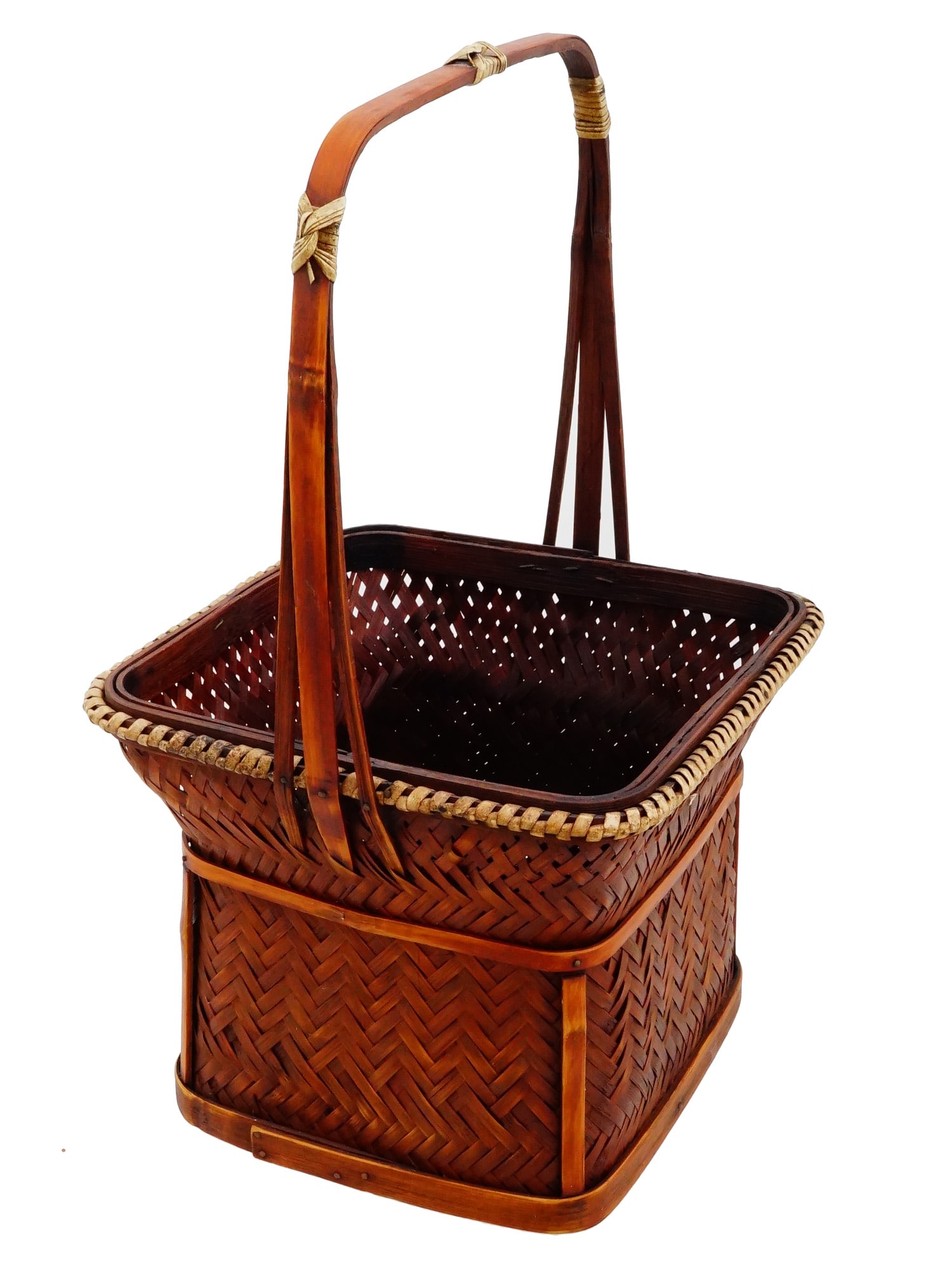 JAPANESE WICKER BAMBOO HANAKAGO FLOWER BASKET: A Japanese hanakago wicker bamboo basket finished with a deep reddish-brown lacquer. The vessel features a square footed base that transitions into a flared, rectangular rim, complemented by a tall, a
