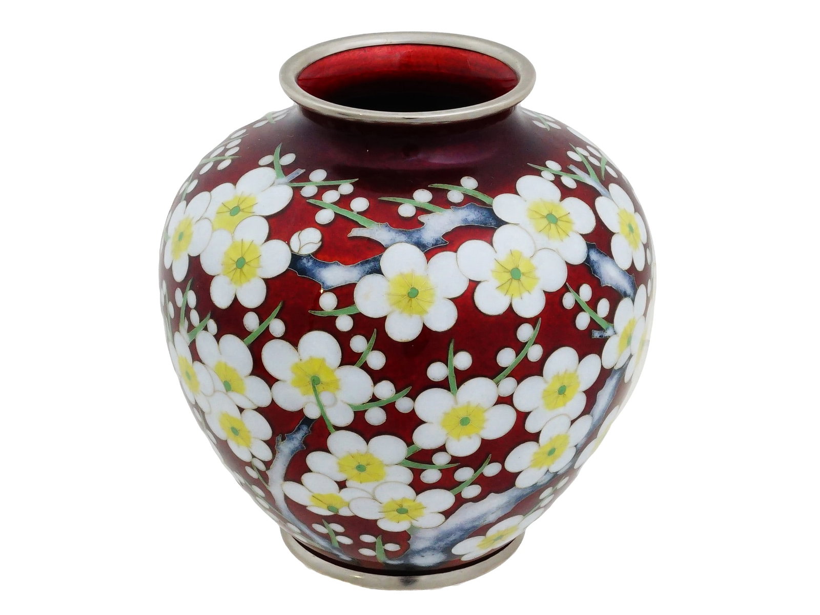 ATTR TO ANDO JUBEI JAPANESE CLOISONNE ENAMEL VASE: A mid-20th century Japanese vase, attributed to the Ando Cloisonne Company. Late Showa period, 1926 to 1989. Globe shape with pronounced neck, silver base and rims. Cloisonne enamel white cherry bloss