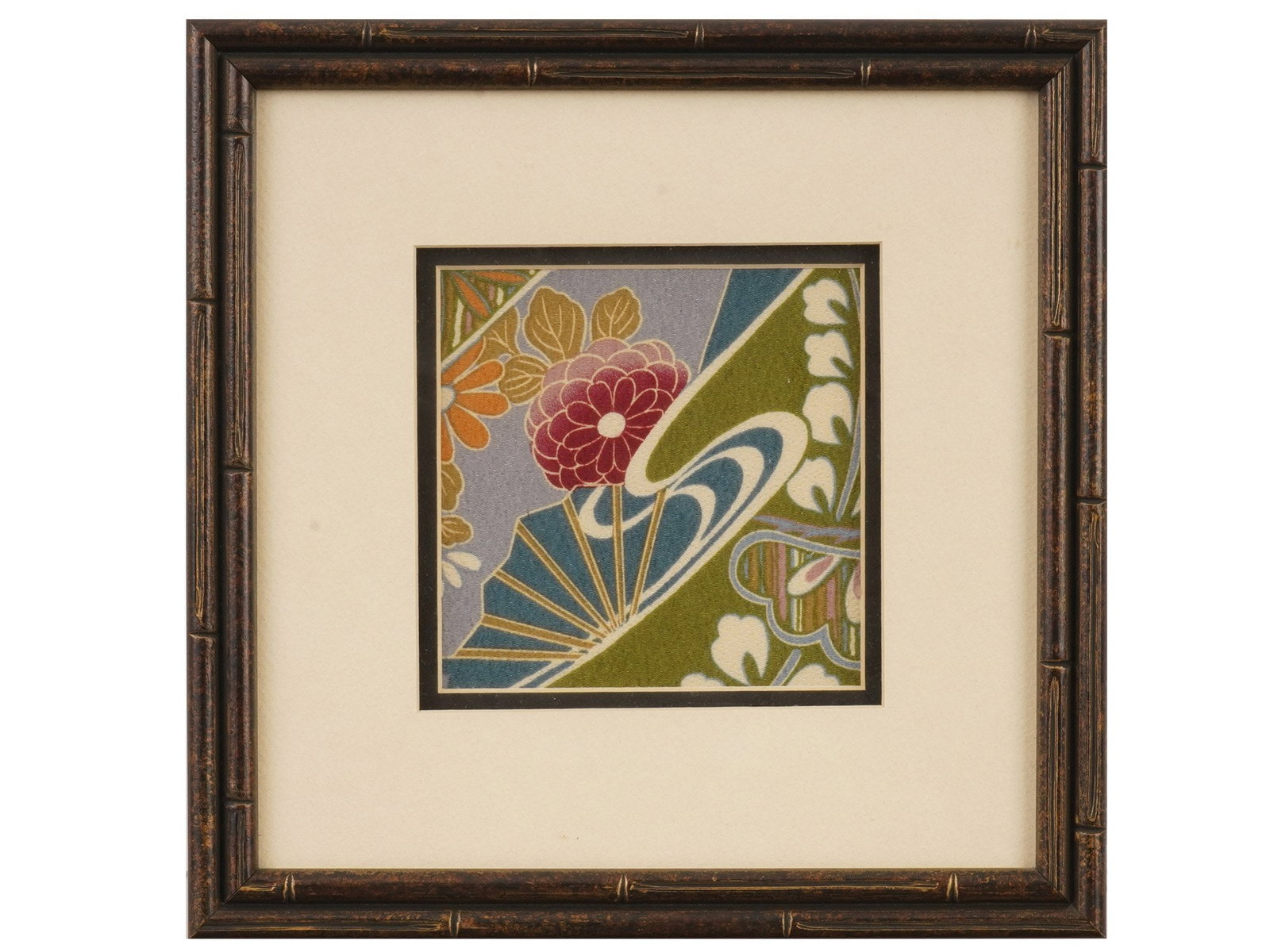JAPANESE CHRYSANTHEMUM FLOWERS TEXTILE ARTWORK FRAMED: A Japanese square hand painted silk fragment. The piece displays a traditional composition of a stylized chrysanthemum blossom set against flowing water motifs. Presented in a frame. Inscribed, probab