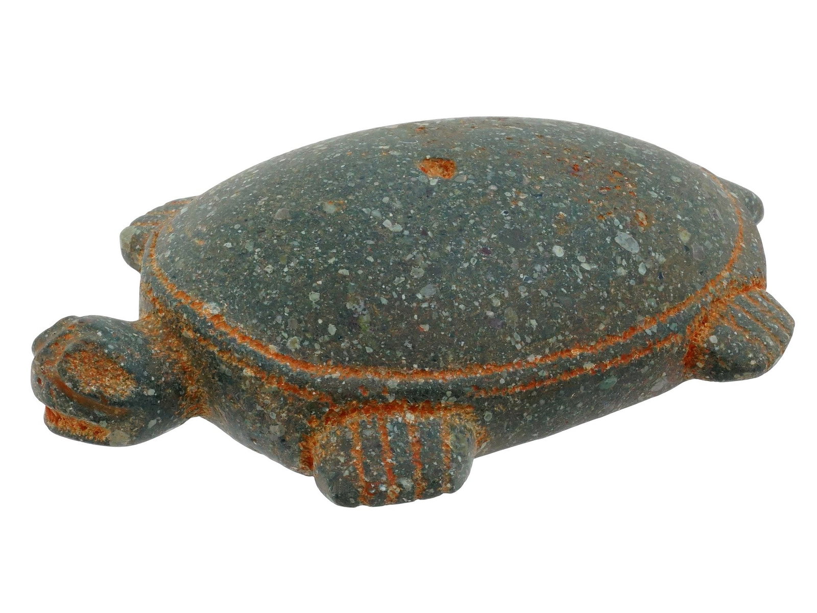 ANCIENT PRE COLUMBIAN ZOOMORPHIC EGGIFY TURTLE FIGURE: An ancient Pre Columbian zoomorphic effigy carved from a dense stone. The figure depicts a turtle in a stylized, minimalist manner. The figure features a rounded, undecorated carapace with four short 