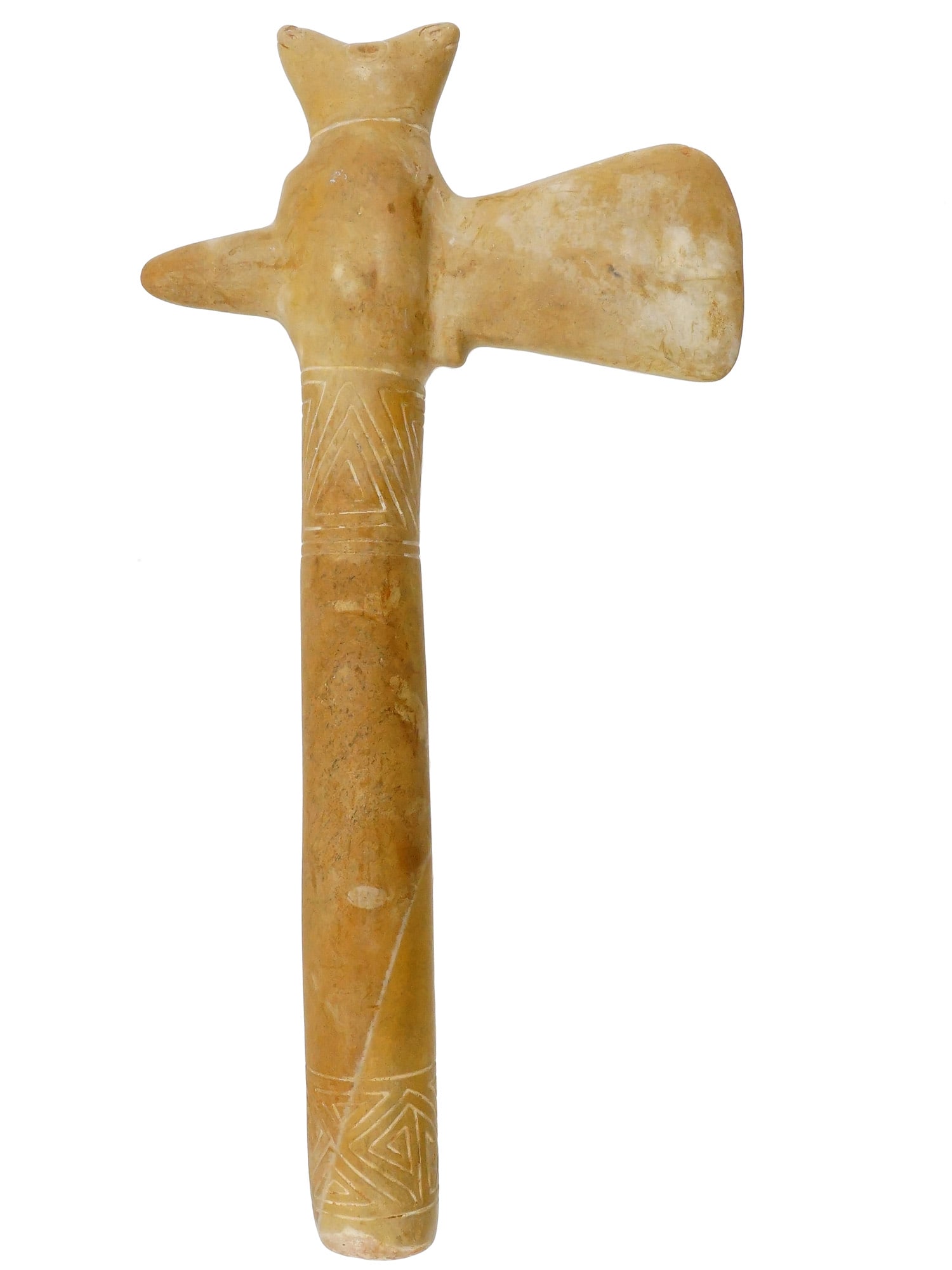 ANCIENT PRE COLUMBIAN HARD STONE ROOSTER FIGURAL AXE: An ancient Pre-Columbian carved hard stone figural axe. The upper part of the ware is made in a sculptural design representing a head of a rooster. The handle is adorned with engraved ornaments. Ancie