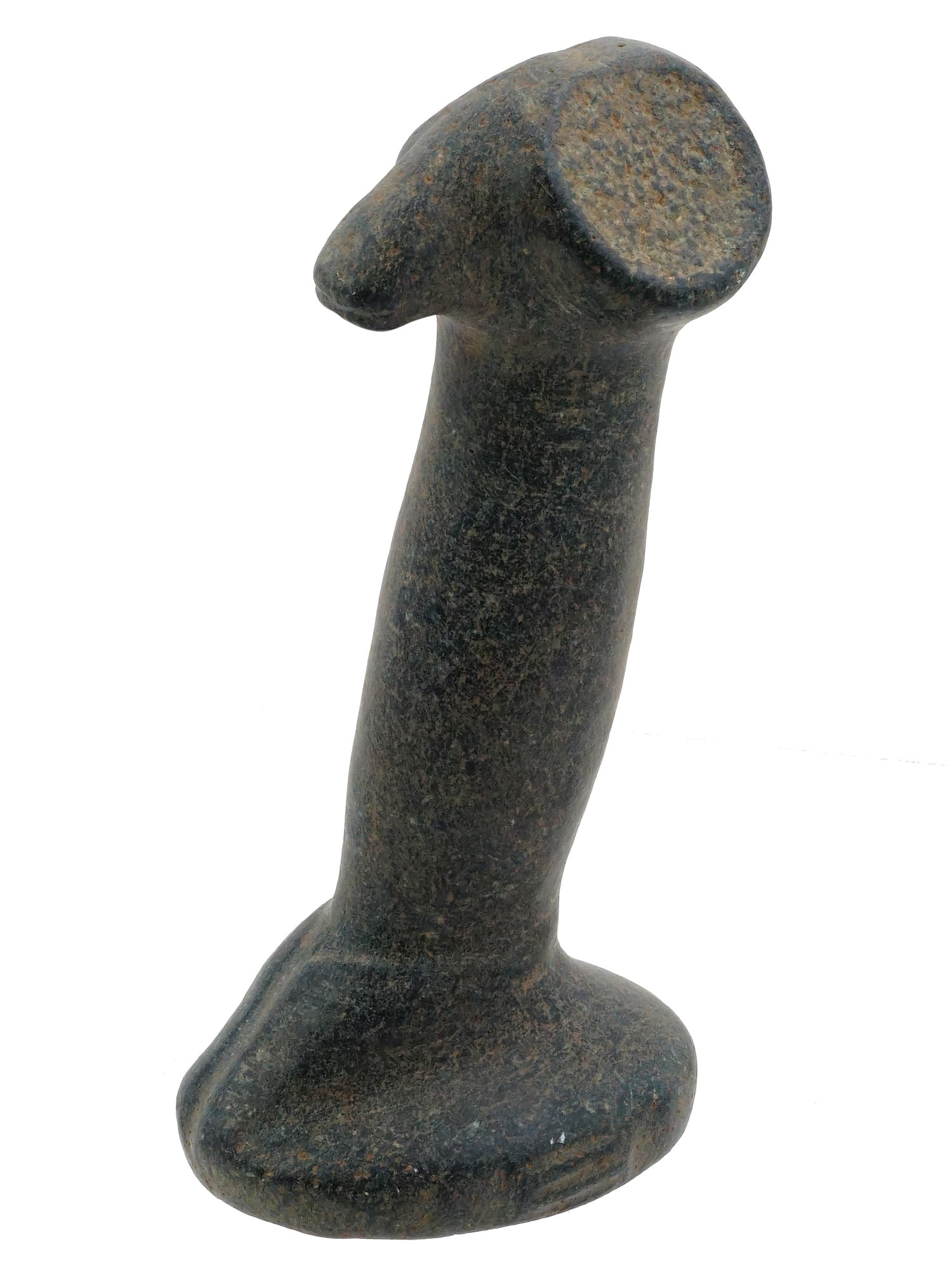 ANCIENT PRE COLUMBIAN TAINO ZOOMORPHIC STONE FIGURINE: An ancient Pre-Columbian Taino stone figurine featuring an elongated tapering cylindrical body that terminates in a stylized zoomorphic head. The base flares into a stable, rounded foot, and the entir
