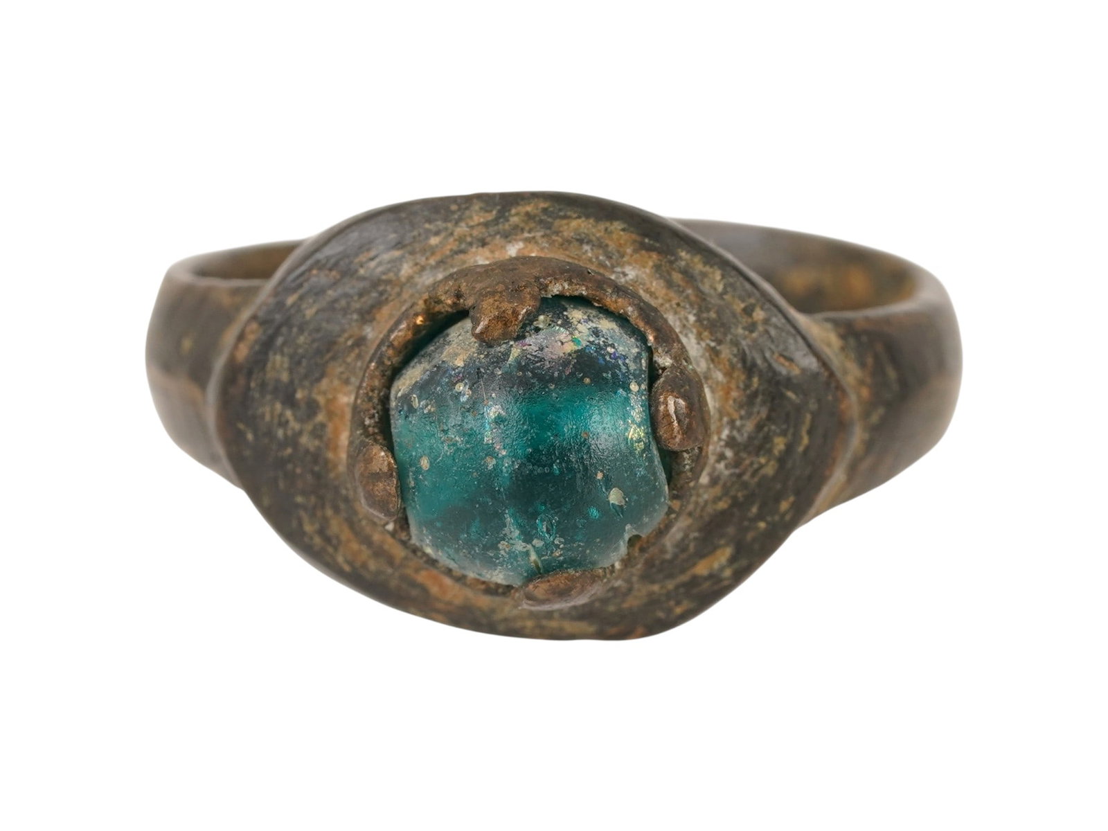ANCIENT ROMAN EMPIRE BRONZE AND BLUE GLASS RING (1 of 6)