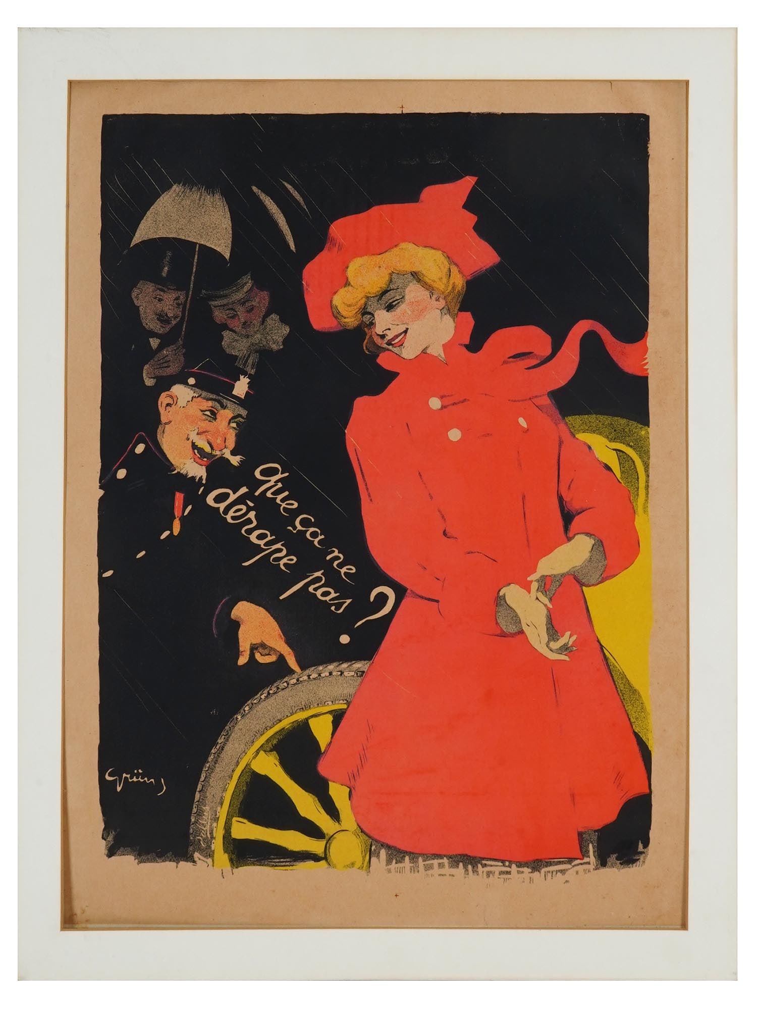 ANTIQUE FRENCH ADVERTISING POSTER BY JULES A GRUN: An antique French advertising poster by Jules Alexandre Grun, 1868 to 1938. Circa the early 20th century 1900 to 1905. The poster advertises Pneus Gerres Gallus tires, and depicts a genre scene with a