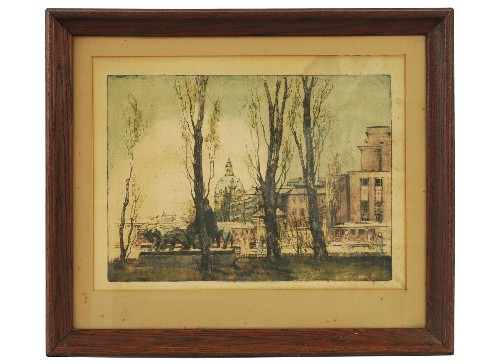 ANTIQUE COLOR ETCHING OF A CITYSCAPE SIGNED AND FRAMED: An antique color etching depicting a cityscape with a massive cathedral rising in the background. This finely detailed artwork captures the charm and grandeur of a bygone era, showcasing intricate