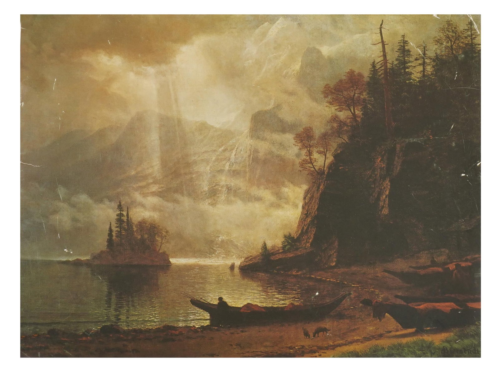 ISLAND IN THE LAKE PRINT AFTER ALBERT BIERSTADT SIGNED: A color print reproduction after the painting titled Island in the Lake by Albert Bierstadt, German American, 1830 to 1902. Depicts a view from the Princess Louisa Inlet on the coast of British