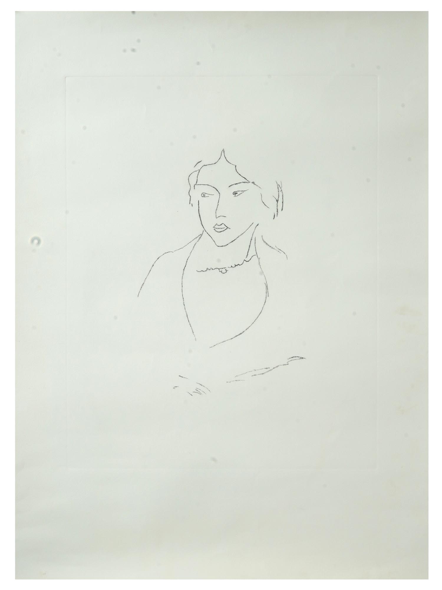 FRENCH FEMALE PORTRAIT ETCHING AFTER HENRI MATISSE: Etching on paper. French, late 20th century. The artwork depicts an abstract linear bust portrait of a woman. In the manner of Henri Matisse, 1869 to 1954, a prominent French Modernist artist.