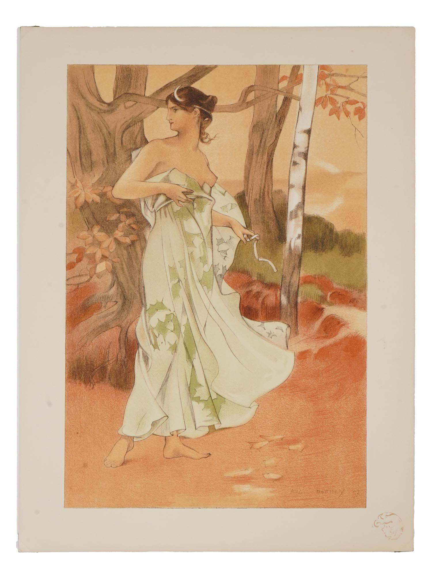 LESTAMPE MODERNE LITHOGRAPH POSTER ARTEMIS BY A DONNAY: A colored lithographed poster by A. Donnay, originally published in LEstampe Moderne, 1897 to 1899. It depicts a Greek goddess Artemis in a flowing white gown with green leaf patterns, standing