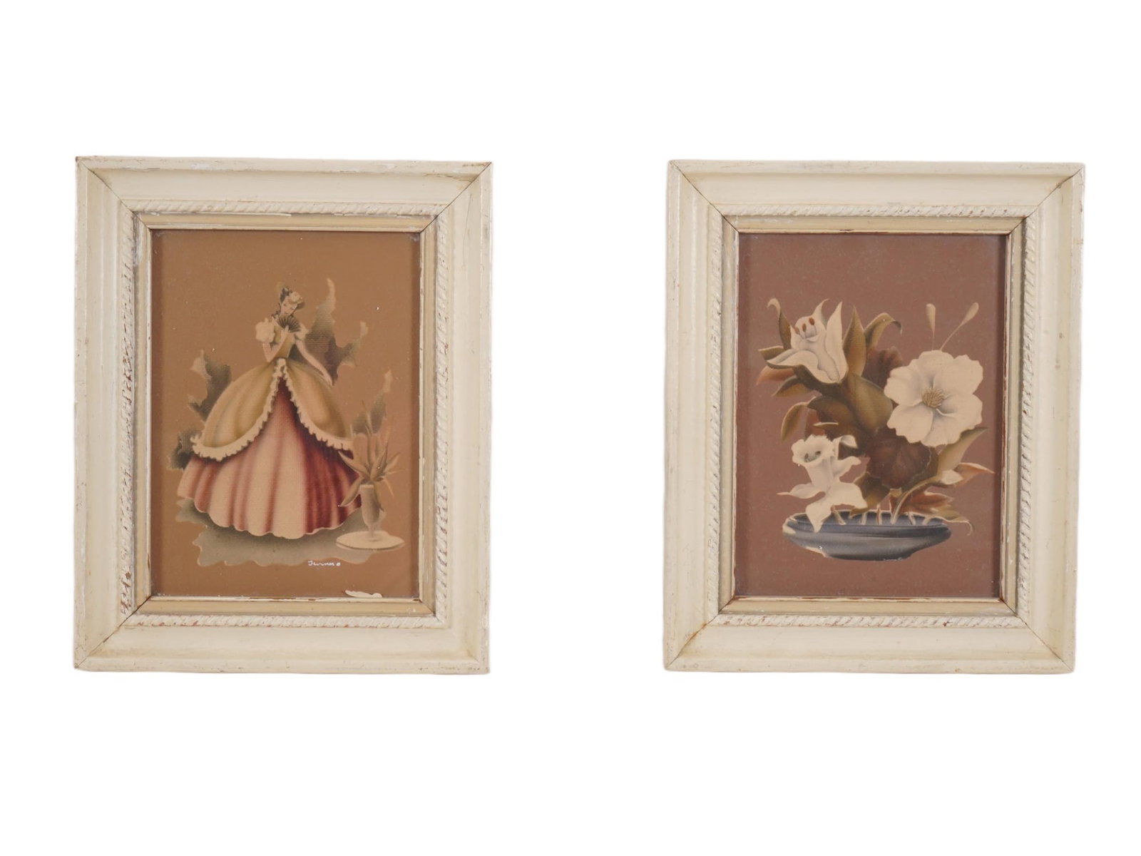 LOT OF TURNER MIXED MEDIA ART PRINTS SIGNED FRAMED: A lot of two mixed media art prints on paper from the collection of vintage Turner prints, created around the 1940s. The prints depict a woman in a full Southern Belle style dress and a floral still