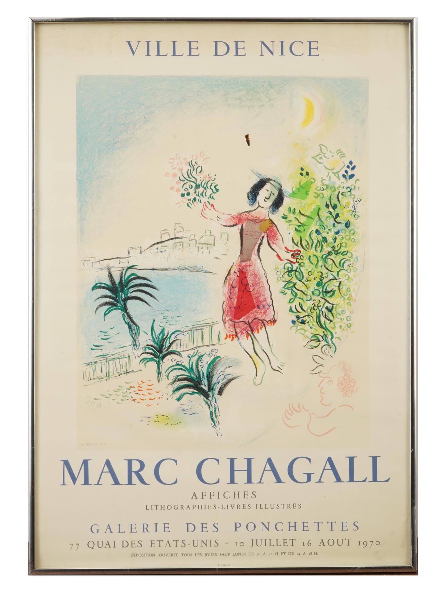 AFTER MARC CHAGALL RUSSIAN FRENCH EXHIBITION POSTER: After Marc Chagall, Russian, French, 1887 to 1985, an exhibition poster titled Ville de Nice, dated 1970. The central artwork depicts a woman in a red dress floating above a bay, holding a bouquet of 