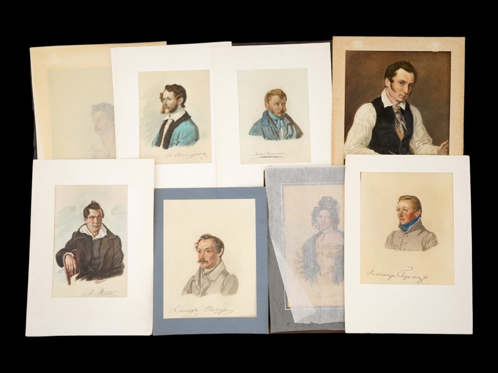 PRINTS AFTER WATERCOLORS BY NIKOLAY BESTUZHEV PORTRAITS: A collection of nine vintage prints after watercolors by Nikolay Alexandrovich Bestuzhev, Russian, 1791 to 1855, a Russian Navy officer, writer, inventor, and portrait artist associated with the