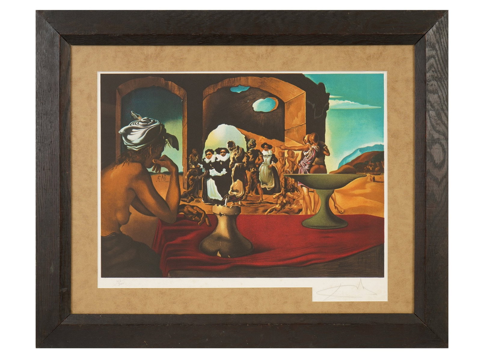 COLOR LITHOGRAPH SIGNED SALVADOR DALI BUST OF VOLTAIRE: A limited-edition color lithograph after Salvador Dalis celebrated 1940 surrealist masterpiece, Slave Market with the Disappearing Bust of Voltaire. The composition exemplifies Dalis renowned