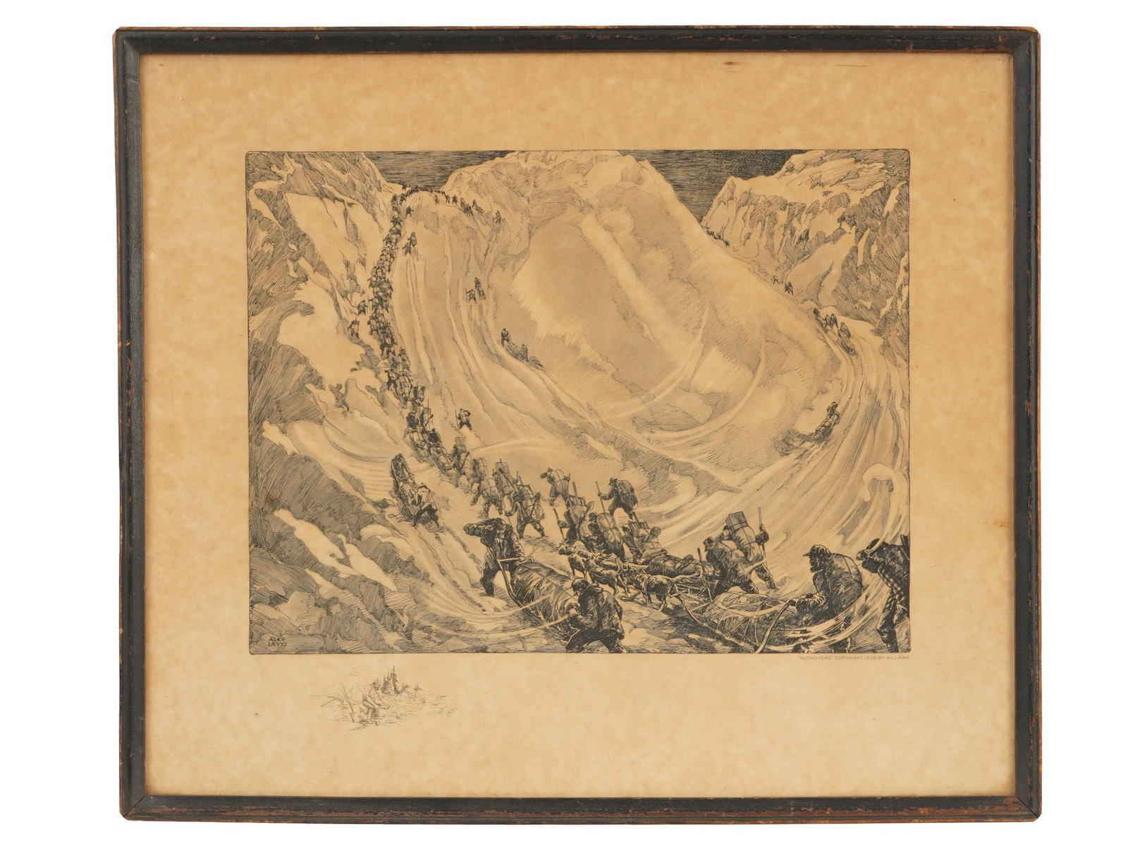 ANTIQUE GERMAN AMERICAN ENGRAVING BY ALEXANDER LEVY: An antique engraving by German American artist Alexander Oscar Levy, 1881 to 1947, titled Klondikers, created as a tribute to the participants of the Klondike Gold Rush. Copyright 1936 by Williams. Fr