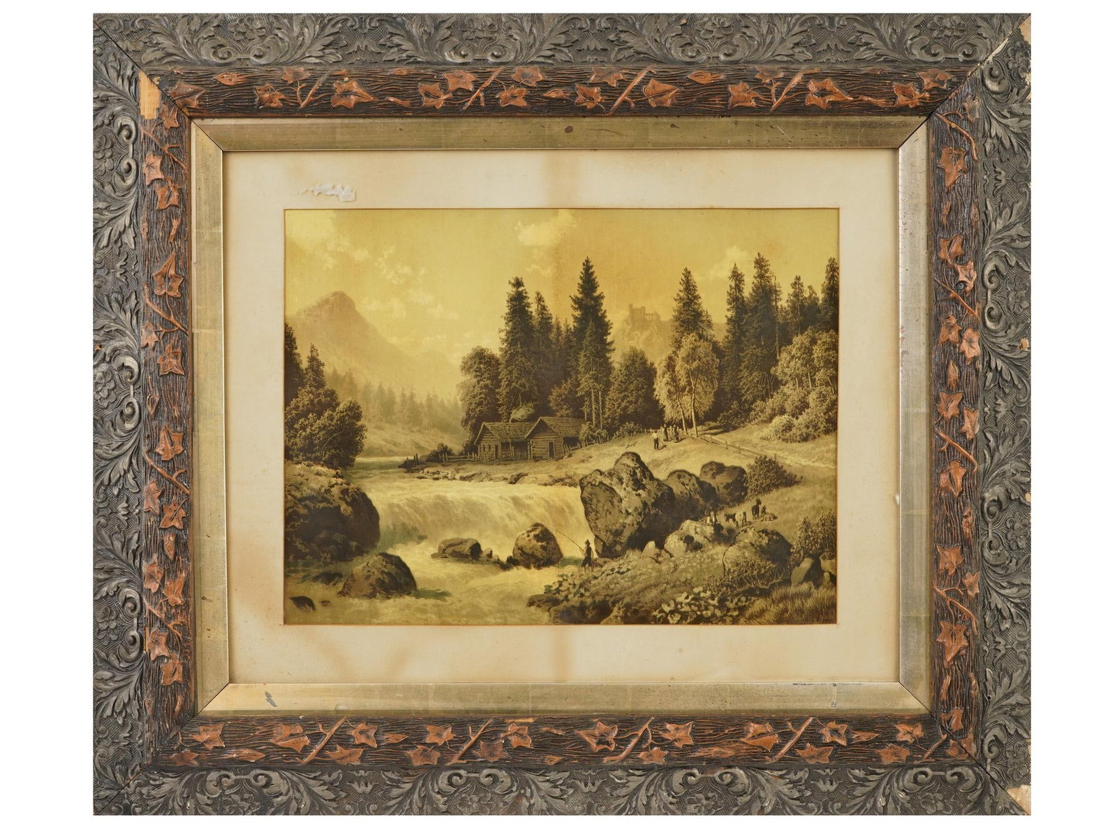 ANTIQUE 19TH C EUROPEAN RIVER LANDSCAPE LITHOGRAPH (1 of 3)