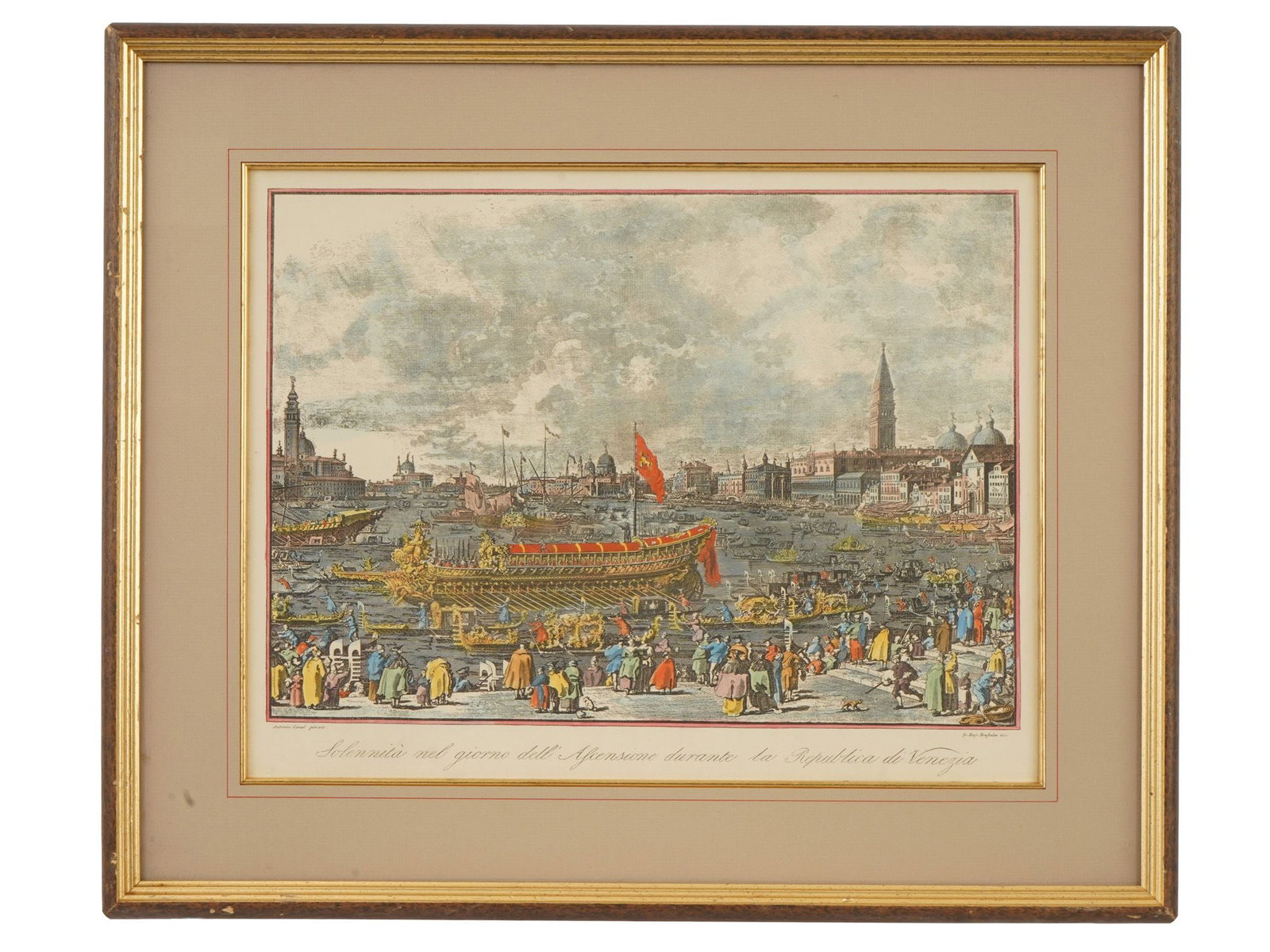 ANTIQUE HAND COLORED ENGRAVING REPUBLIC OF VENICE: An antique hand-colored engraving titled Solemnity on the Day of Ascension during the Republic of Venice, depicting the celebrated Festa della Sensa, one of the most important ceremonial events of the